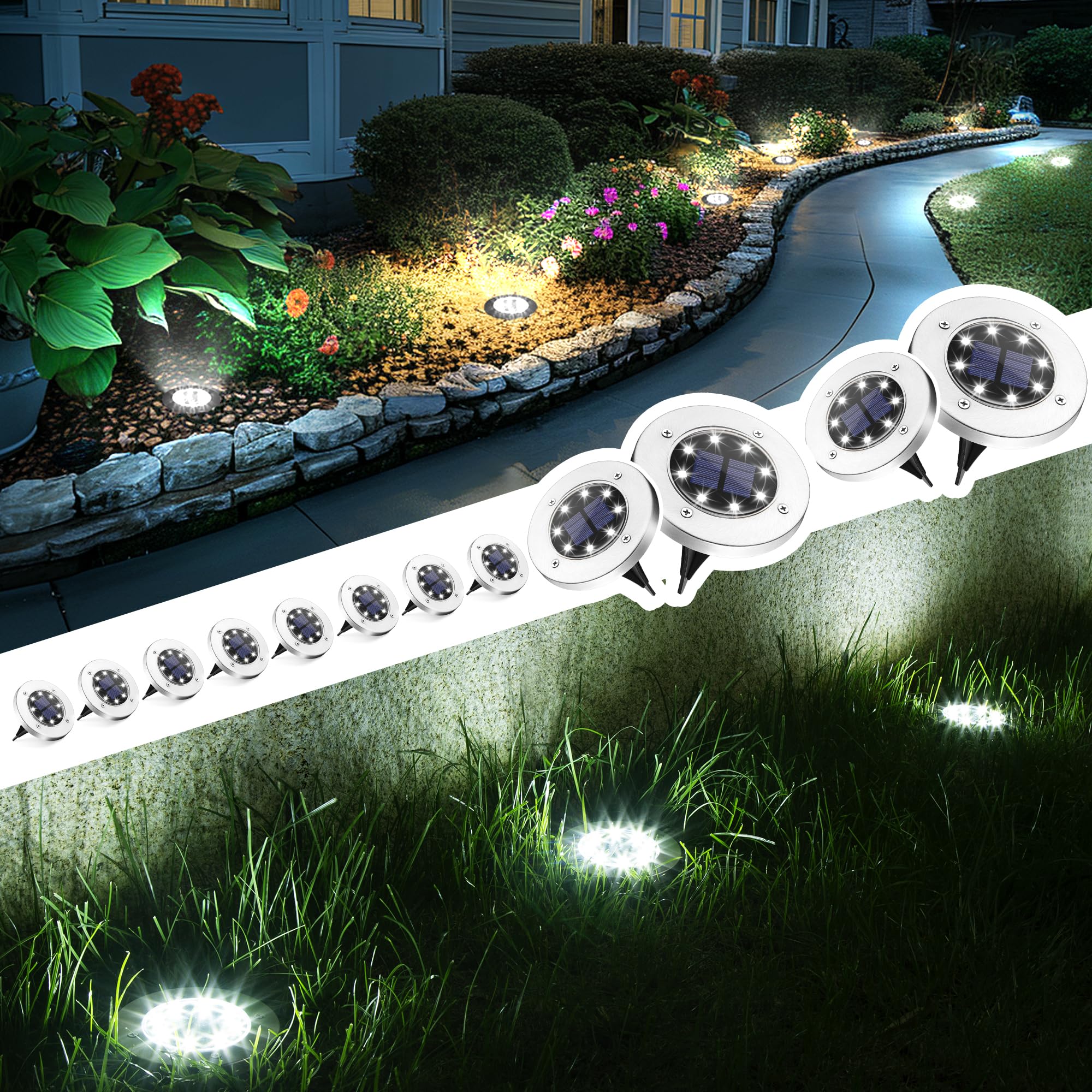 12 Pack Solar Ground Lights Outdoor Waterproof - Solar Powered Garden Pathway Lights for Yard, Patio, Driveway & Walkway | Cool White LED Landscape Lighting for Nighttime Safety & Ambience