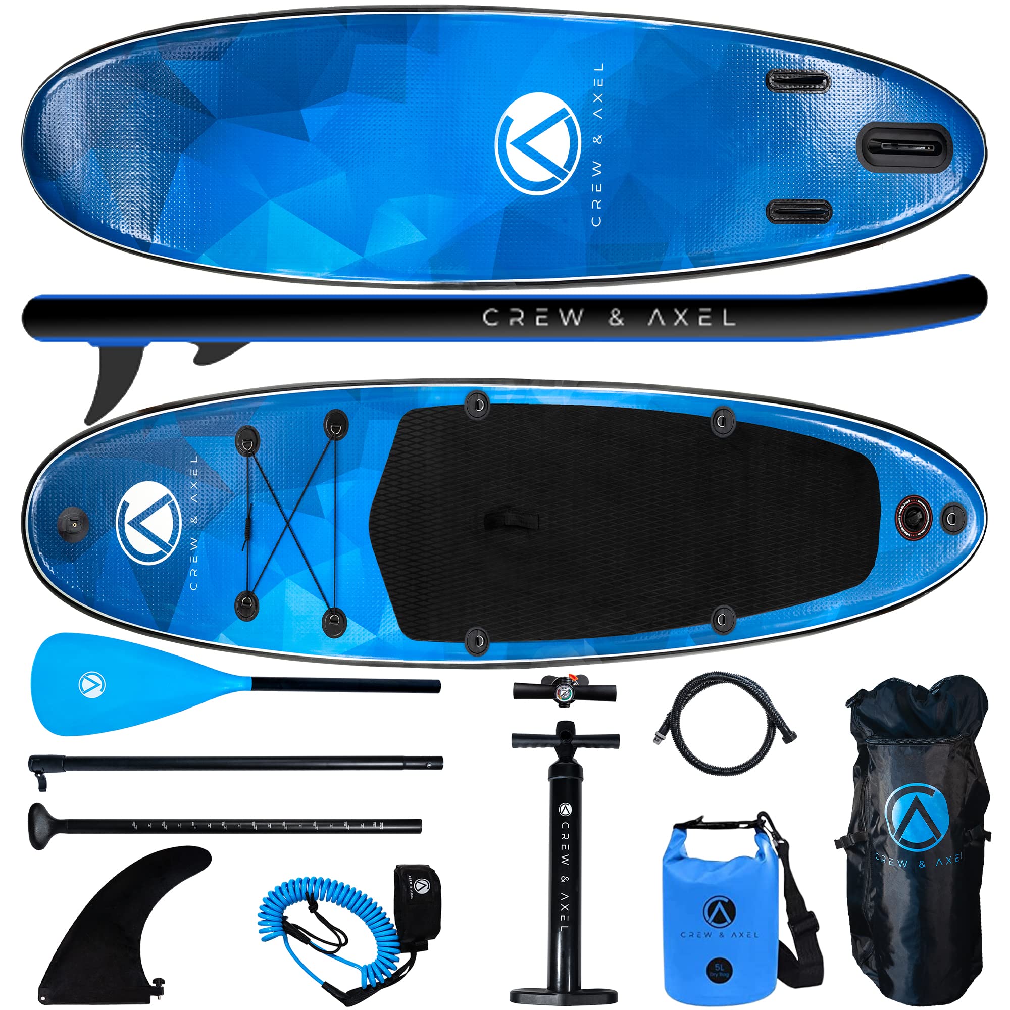 **Crew & Axel 10FT Inflatable Stand Up Paddle Board (6.2” Thick) - Lightweight (17lb), Wide & Stable SUP with Non-Slip Deck, Backpack, 3 Fins, Paddle & Dual Pump - Perfect for Beginners & Advanced Paddlers - Great for Lakes, Rivers & Ocean Adventures**