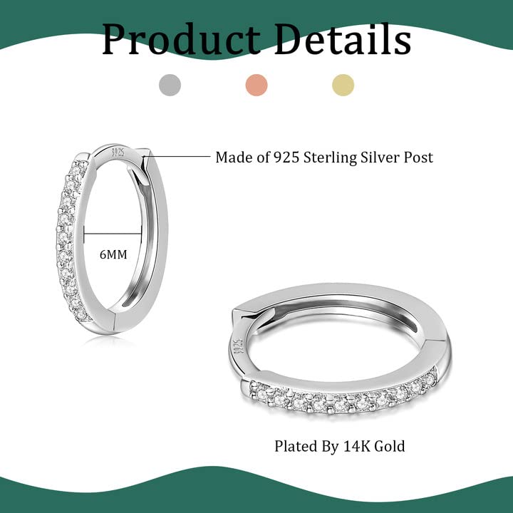 Hypoallergenic 14K White Gold Plated Cubic Zirconia Hoop Earrings for Women - S925 Sterling Silver Tiny Huggie Hoops | Perfect for Everyday Wear, Gifts & Special Occasions