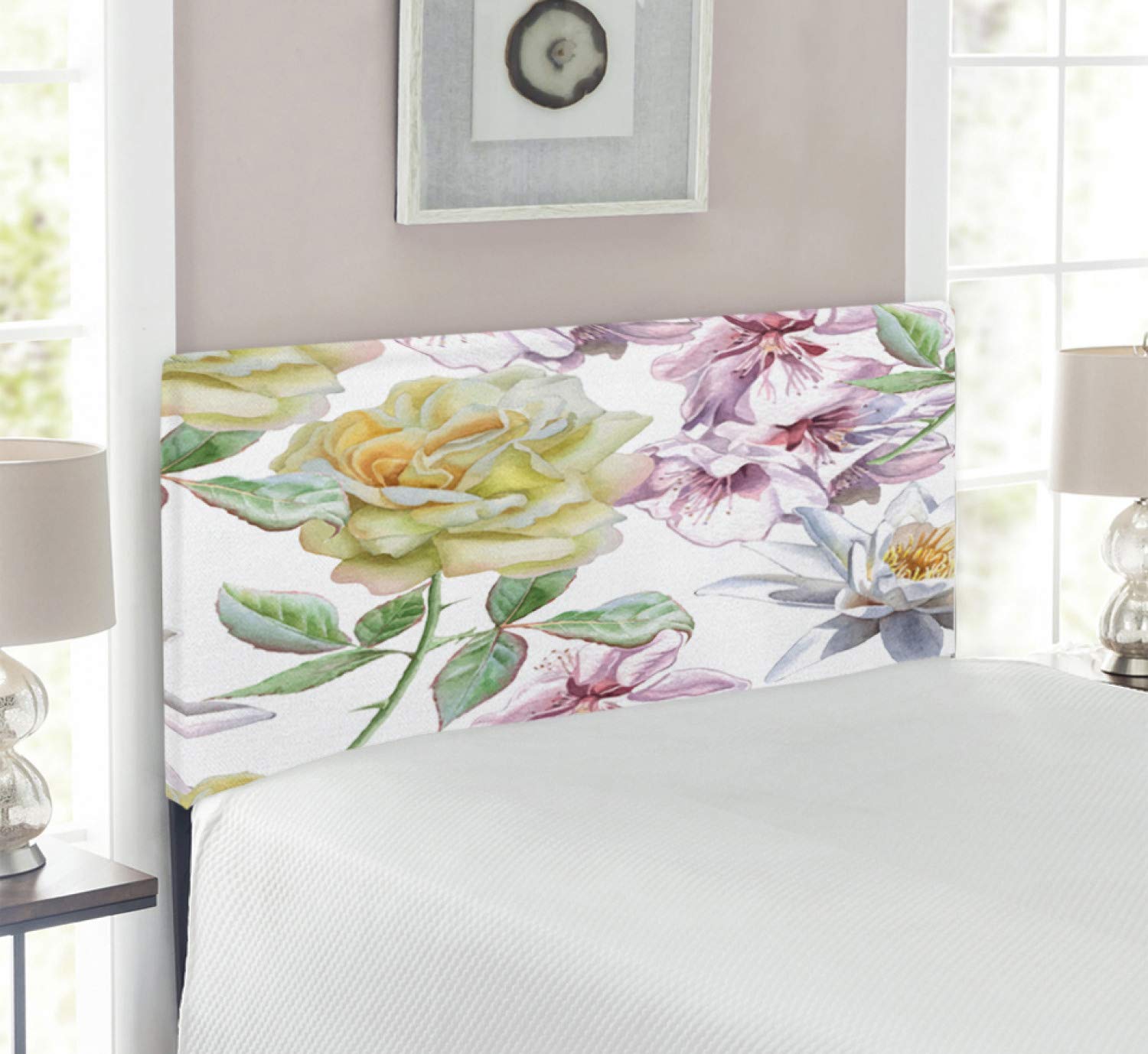Ambesonne Floral Headboard - Rose Petals, Sakura & Lily Flowers Upholstered Metal Bed Frame with Memory Foam | Twin Size in Fern Green & Pale Pink | Perfect for Bedroom Decor, Guest Rooms & Romantic Home Styling