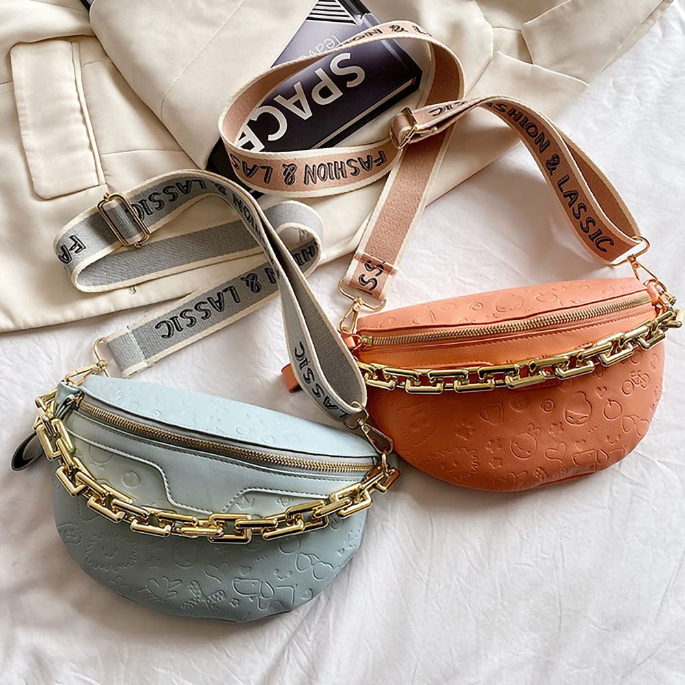 Aiqudou Women's Leather Fanny Pack Crossbody Bag with Chain Strap - Stylish Waist Pouch for Travel, Hiking, Concerts & Daily Use