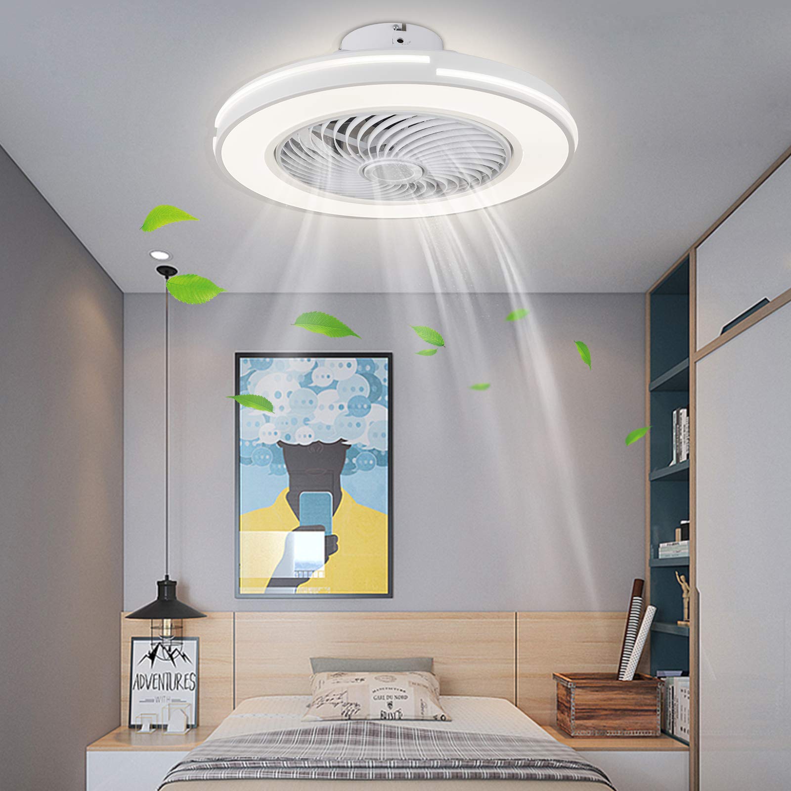 Modern LED Flush Mount Ceiling Fan with Light - Remote Control, Dimmable, Hidden Blades, Low Profile - Adjustable Speed - White (US Stock) - Perfect for Bedroom, Living Room, and Office Lighting