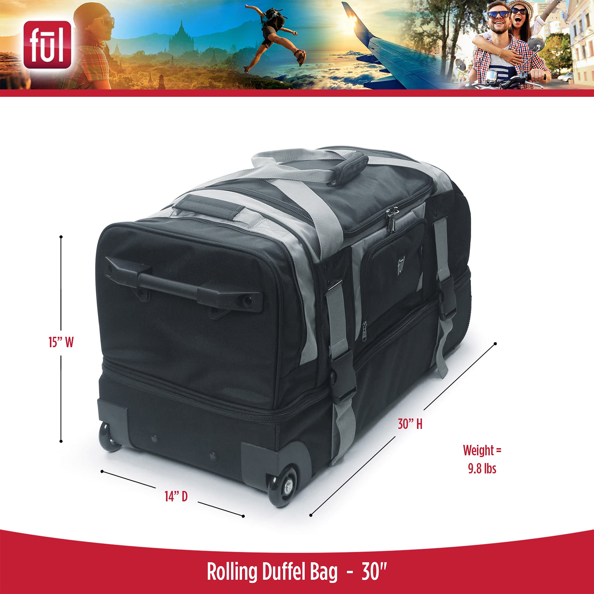 FUL Rig 30 Inch Rolling Duffel Bag - Large Wheeled Travel Luggage for Airplane, Cruise & Business Trips - Durable Spinner Suitcase with Smooth Wheels