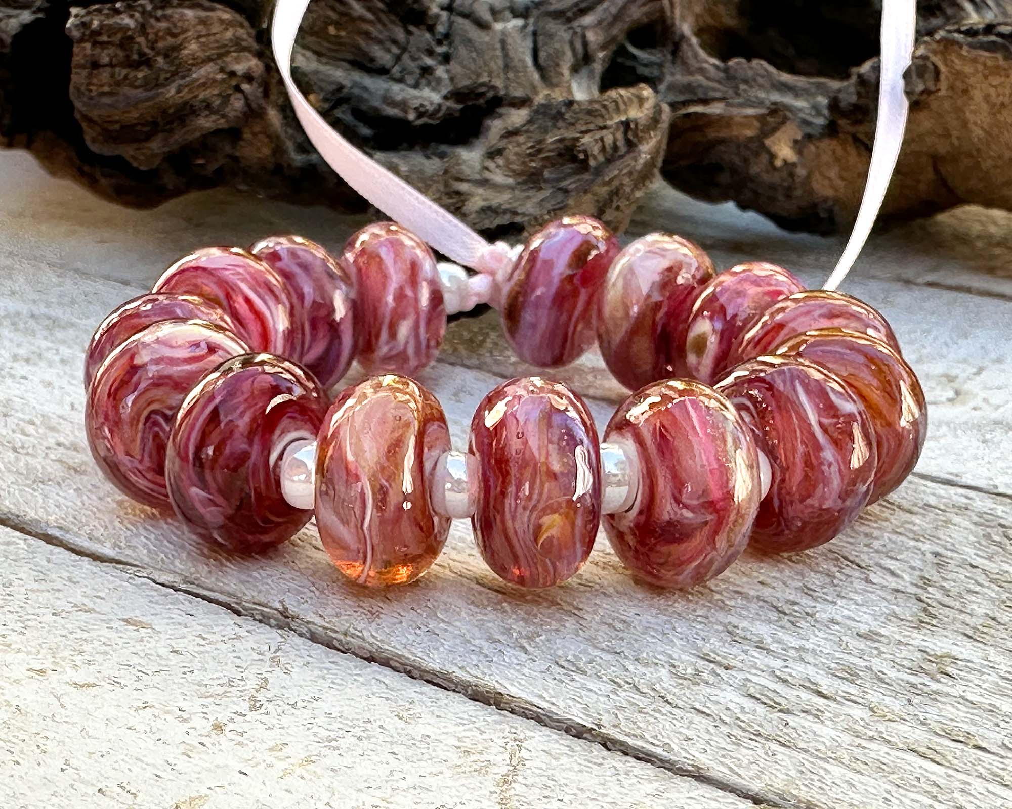 15pcs Sunset Pink Shimmer Lampwork Glass Beads for Jewelry Making - DIY Bracelets, Necklaces, Earrings - Perfect for Boho & Handmade Crafts