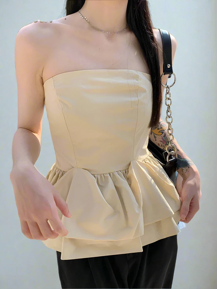 Strapless Apricot Women's Camisole - Sexy Ruffled Sleeveless Top for Casual Office Wear & Street Fashion | Perfect for Work, Date Nights & Summer Outfits