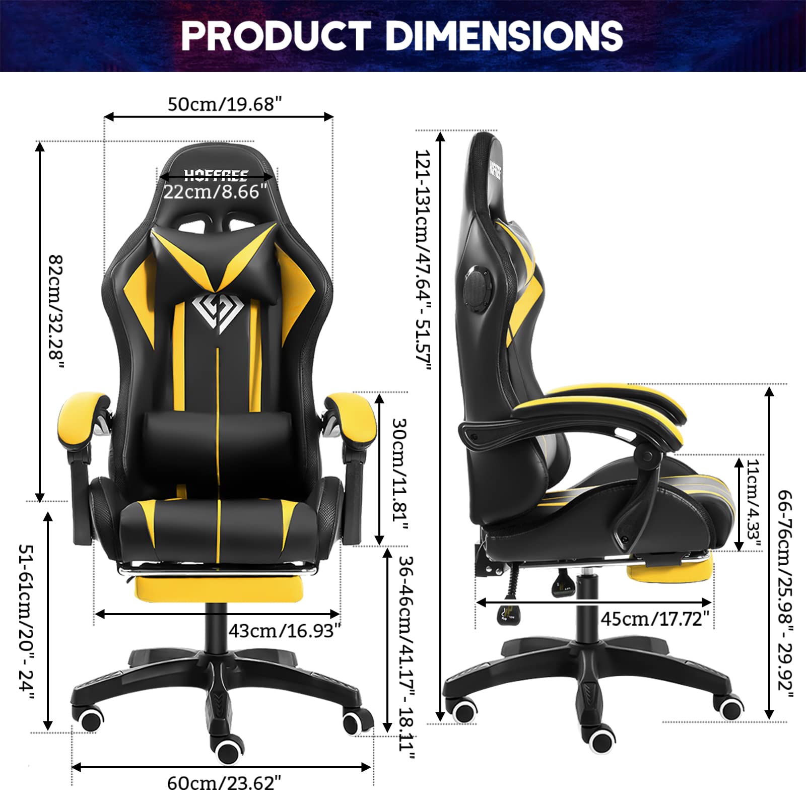 Ergonomic Gaming Chair with Bluetooth Speakers, RGB LED Lights & Massage - High Back Computer Chair with Adjustable Footrest & Lumbar Support (Yellow/Black) - Perfect for Esports, Streaming & Home Office Setup