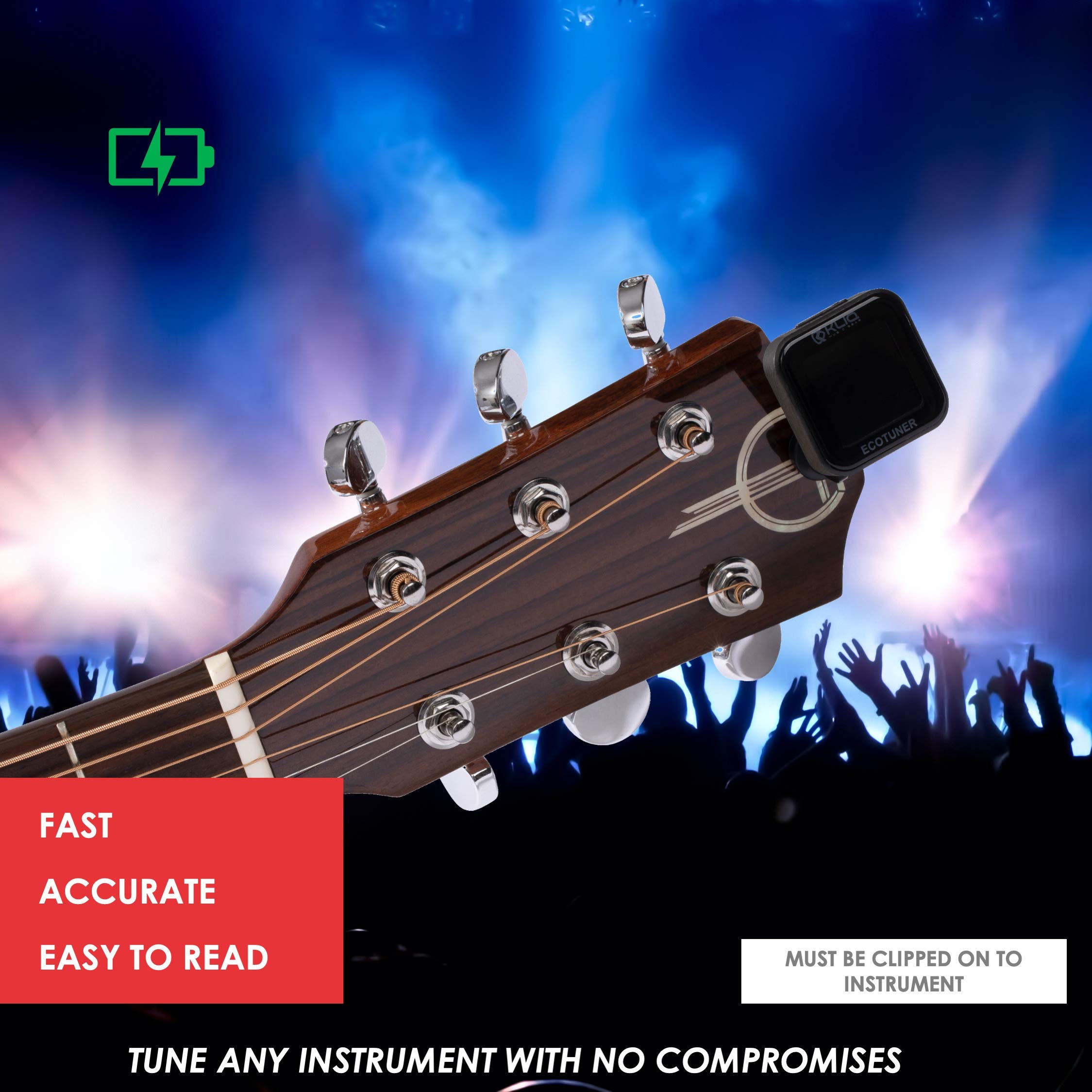 KLIQ EcoTuner - USB Rechargeable Clip-On Tuner for Guitar, Violin, Ukulele & All Instruments (Includes Charging Cable) | Perfect for Live Performances, Studio Recording & Music Practice
