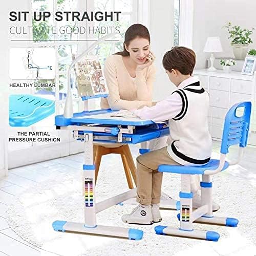 Adjustable Kids Desk and Chair Set - Ergonomic Study Table for Children with Book Stand, Drawer & LED Light - Perfect for Home Schooling, Online Learning & Art Activities (Blue)