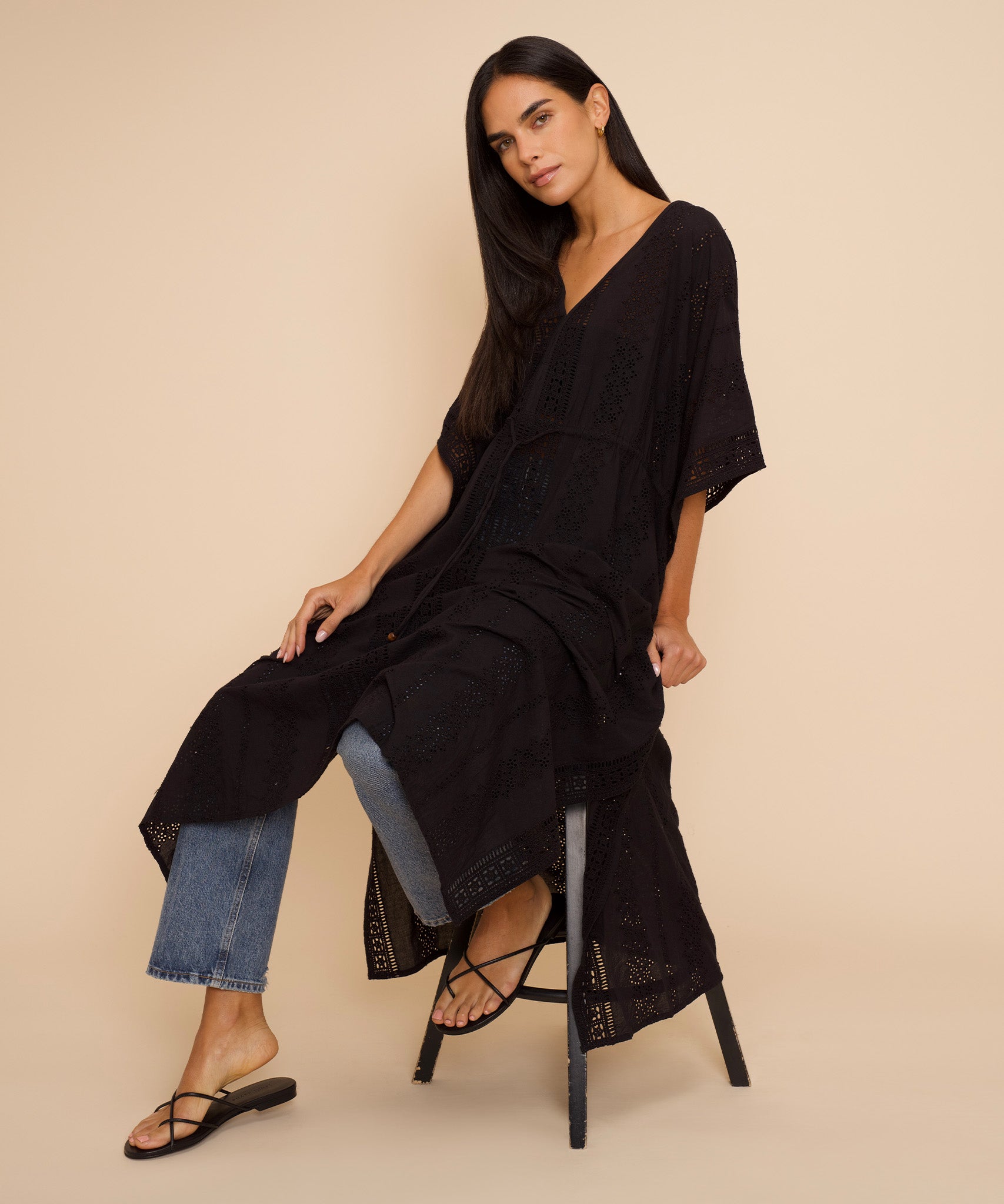 Elegant Eyelet Butterfly Maxi Caftan Dress for Women - Flowy Boho Summer Beach Cover Up & Vacation Outfit
