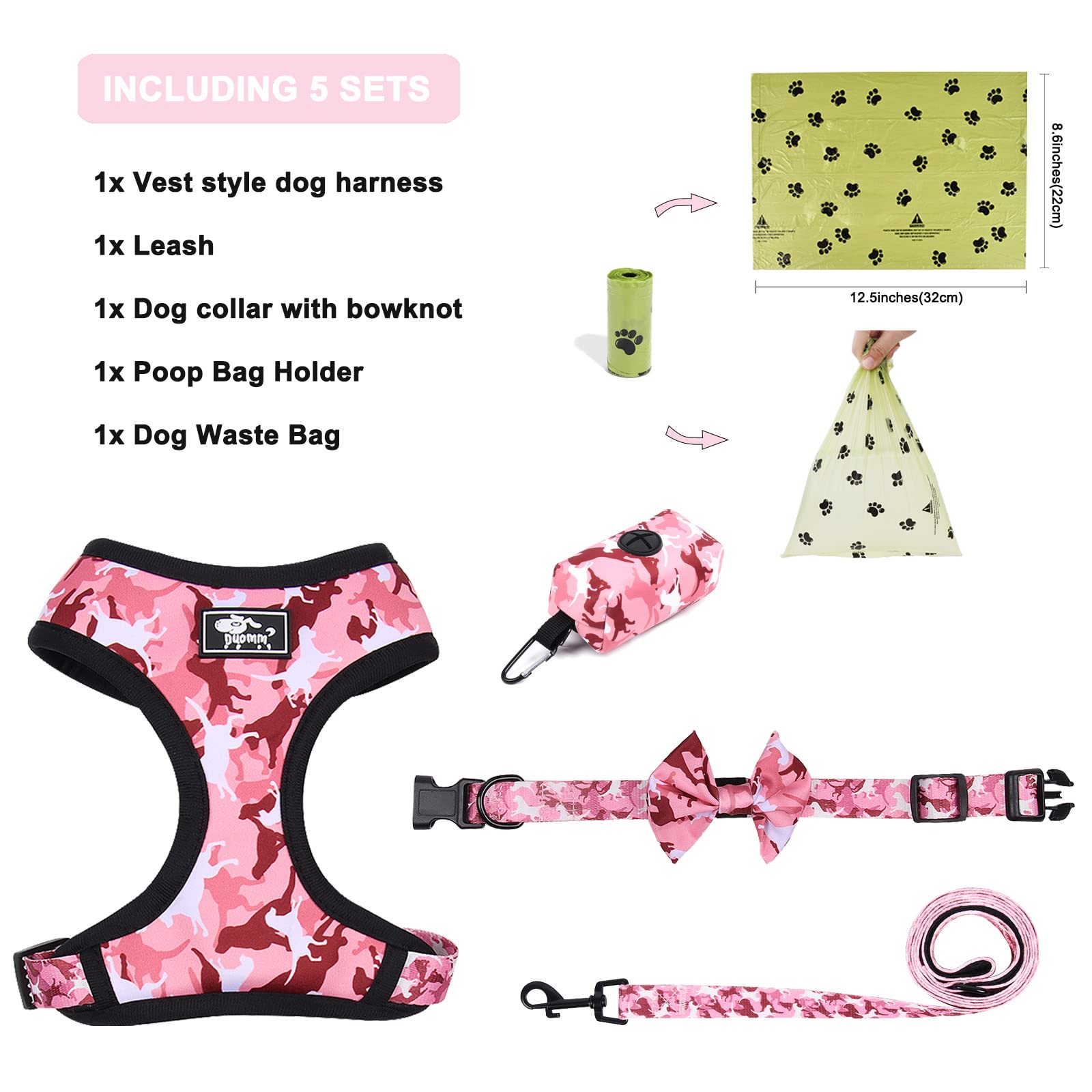 **Adjustable Reflective No-Pull Dog Harness & Leash Set for Small Dogs & Puppies - Pink Camouflage Vest with Bow-Tie Collar & Poop Bags (Size S) - Perfect for Walking, Training & Outdoor Adventures**
