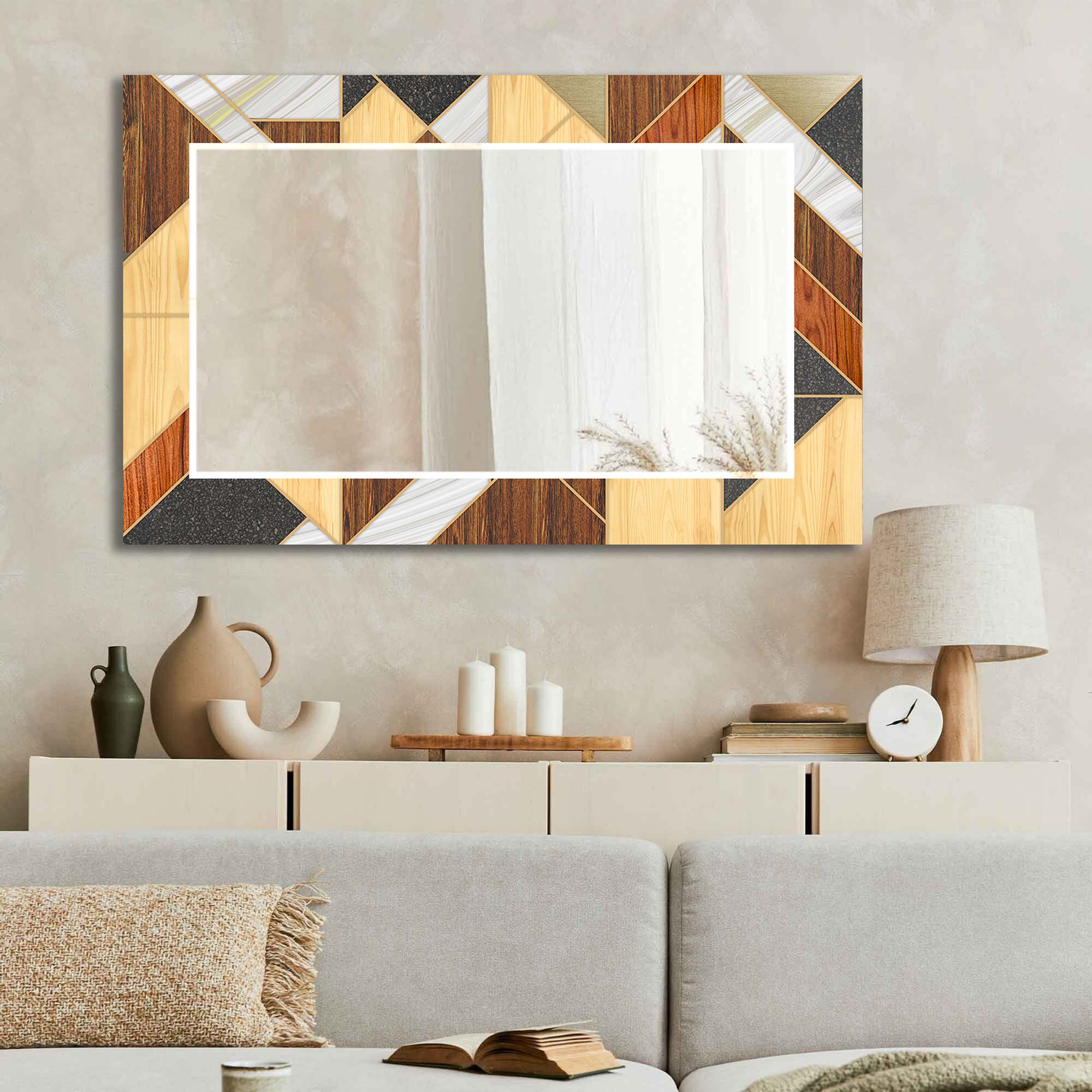 Stylish Wooden Framed Tempered Glass Wall Mirror - Elegant Home Decor for Bedroom, Bathroom & Living Room - Shatterproof & Durable Design for Daily Use