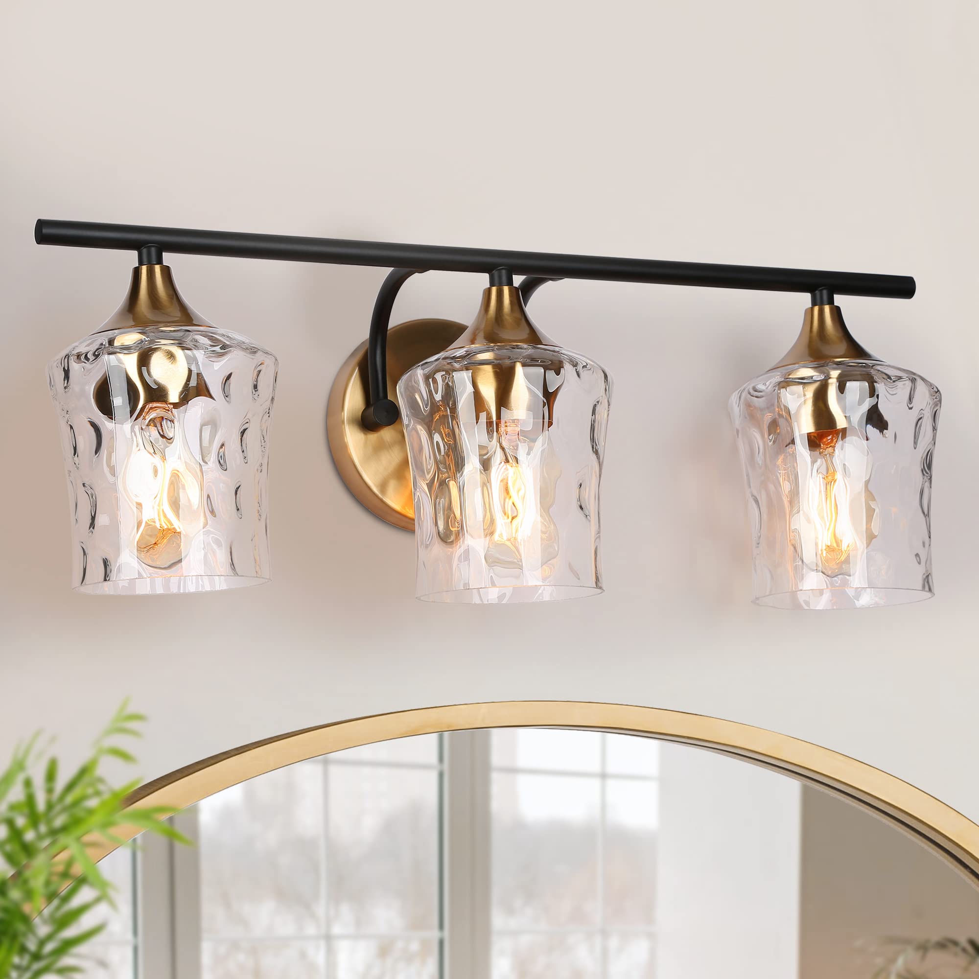 Durent Lighting Bathroom Vanity Light Fixtures - Black & Brass 3-Light Bathroom Sconce with Water Ripple Glass & Electroplated Finish for Modern Bathroom Decor | Perfect for Bathroom Mirror Lighting, Powder Room, and Master Bath Renovation