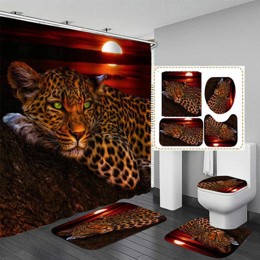Premium 4-Piece Animal Print Shower Curtain Set with Matching Bath Rug - Leopard/Tiger/Lion/Cheetah Design for Modern Bathrooms - Waterproof & Stylish Bathroom Decor for Men & Women - Perfect for Guest Bathrooms, Kids' Rooms & Spa Retreats