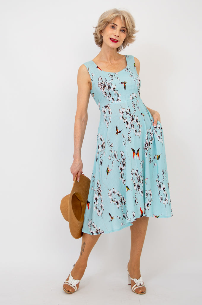 Bristol Dress - Oiseau Print Linen Bamboo Blend - Perfect for Summer Outings & Casual Wear