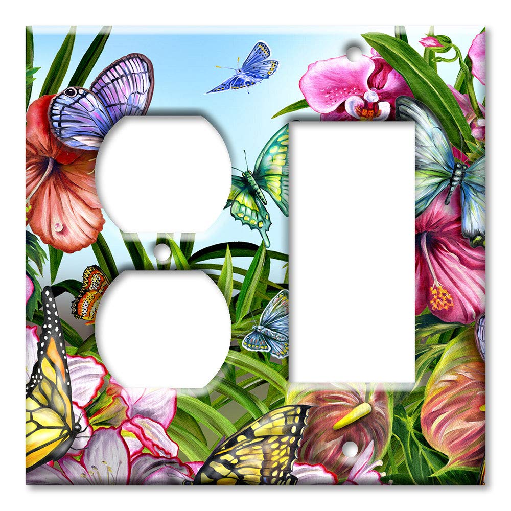 2-Gang Combination Switch Plate Cover with Blue Butterflies Design - Made in USA - Decora Style Outlet Plate for Living Room, Bedroom & Office Decor