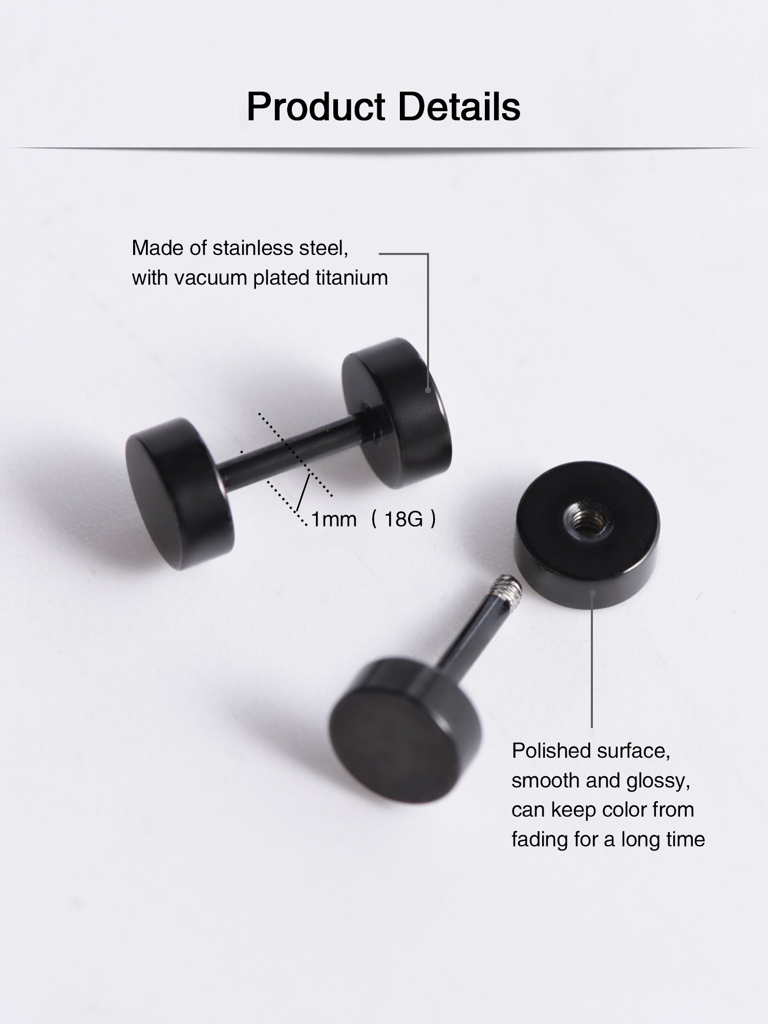 6 Pairs Black Stainless Steel Ear Studs - 18G Screw Back Earrings for Men & Women - Hypoallergenic Body Jewelry for Daily Wear, Parties & Gifting