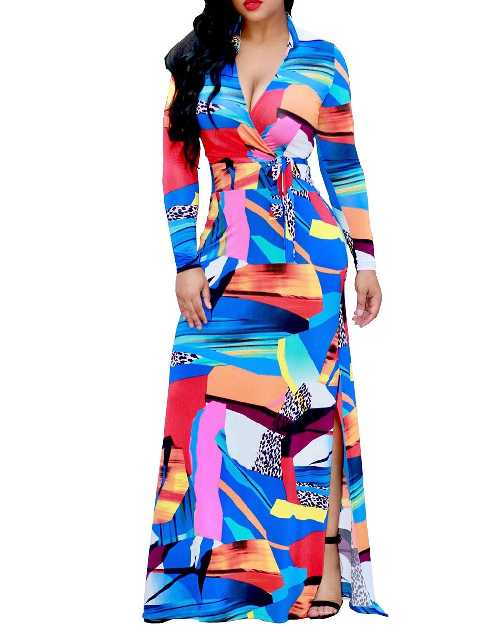 Women's Sexy V-Neck Long Sleeve Floral Print Maxi Dress - Plus Size Elegant Evening Gown for Party, Wedding & Special Occasions