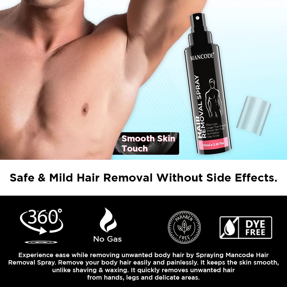 MAN CODE Painless Hair Removal Spray for Men - 100ml | Chest, Back, Legs & Underarms Hair Remover | No Irritation & Itch-Free Formula | Intimate Hygiene Solution | Perfect for Gym, Swimming & Summer Activities