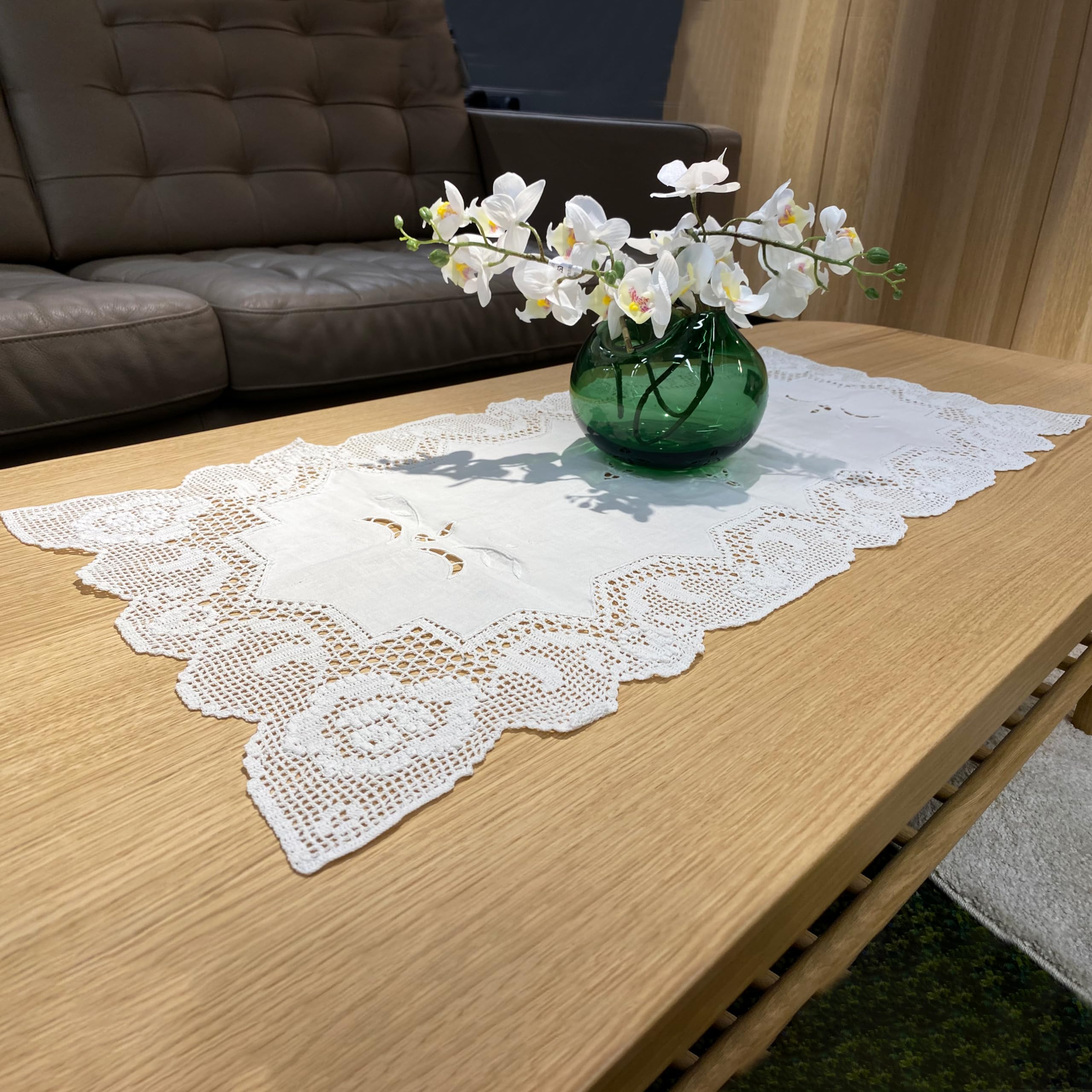 Handmade Cotton Crochet Lace Table Runner - 16x36 Inch White Rose Design for Coffee Tables, Dining Tables, Wedding Decor & Home Decoration