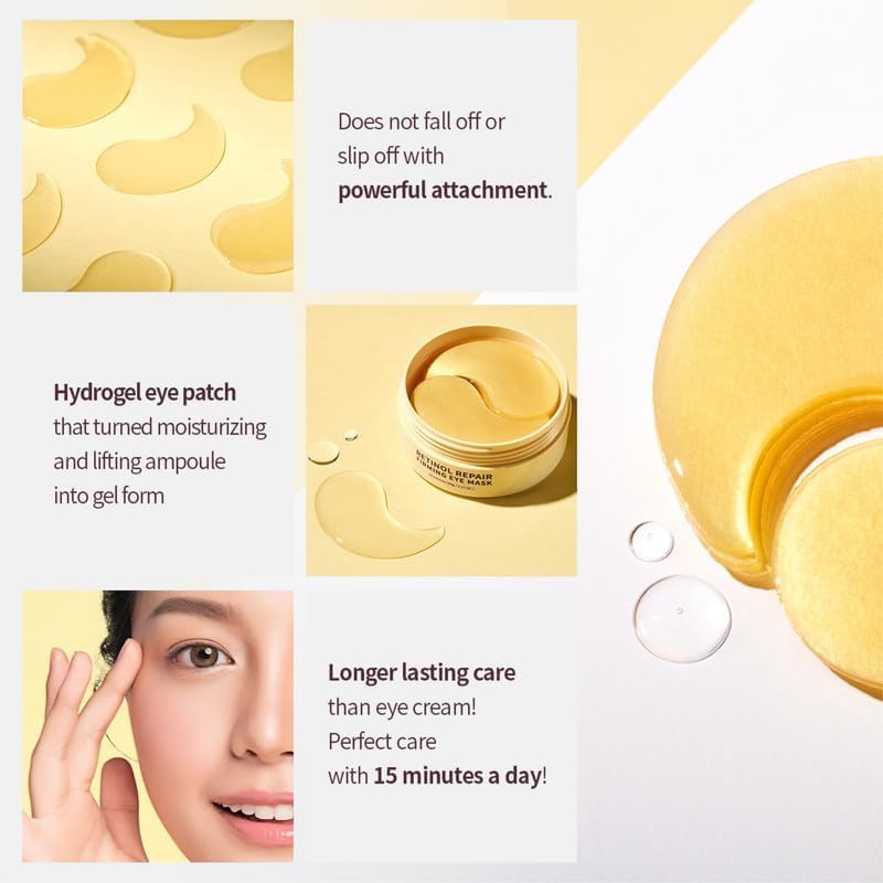 Premium Korean Hydrogel Eye Patches with Retinol & 24K Gold - Dark Circle Treatment, Anti-Puffiness & Anti-Aging Eye Mask - Infused with Collagen Booster & Vitamin C - Soothing Cooling Gel for Wrinkles & Fine Lines (60 Pcs) - Perfect for Nighttime Skincare & Travel Beauty Routine
