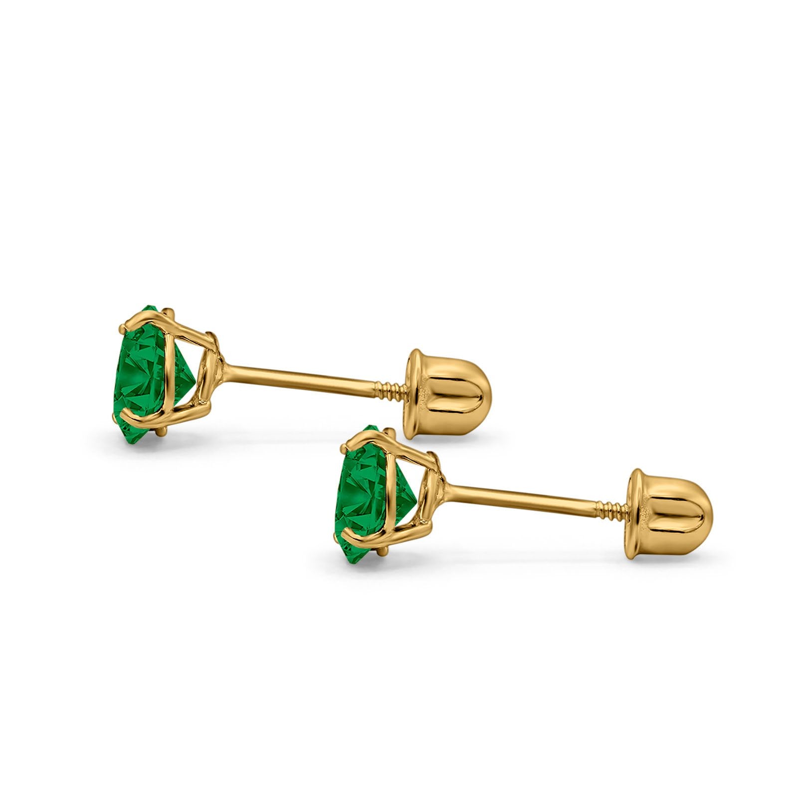 14K Yellow Gold Round Solitaire Stud Earrings with Screw Back - Simulated Green Emerald Cubic Zirconia - Perfect for Weddings, Parties & Everyday Elegance