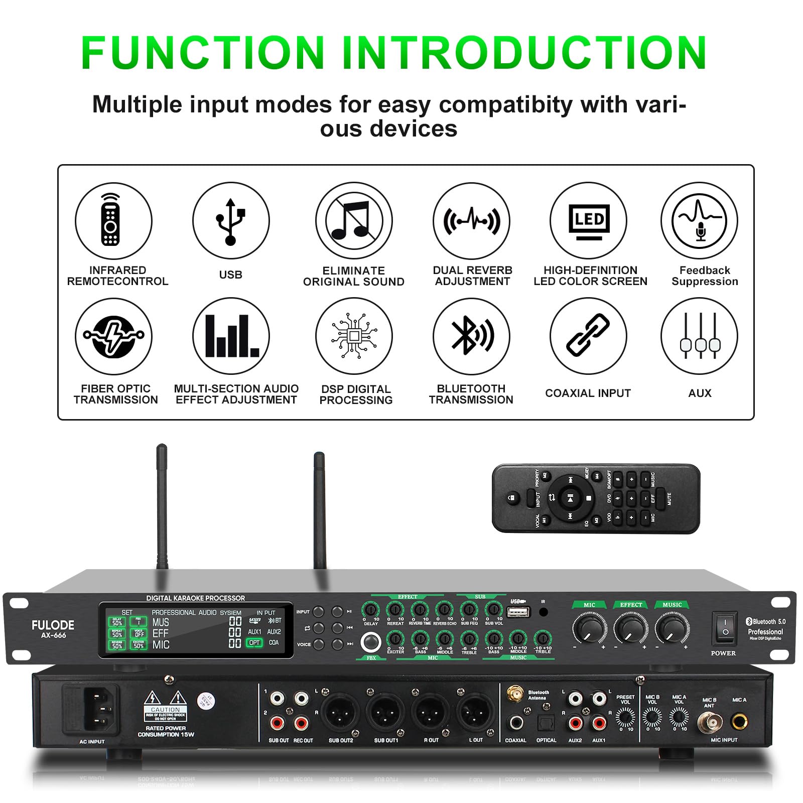 Professional AX-666 Karaoke Mixer System with Dual Wireless Mics, DSP Anti-Feedback, USB/MP3/Bluetooth - Perfect for Home KTV, Parties & Stage Performances