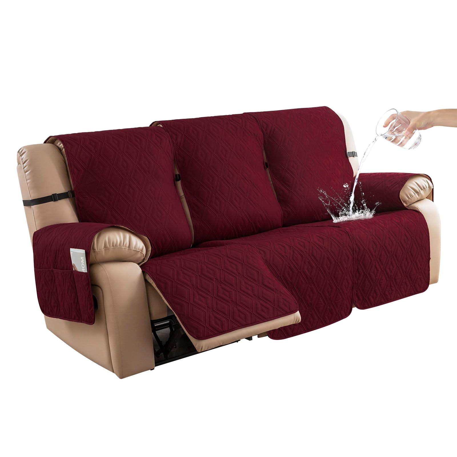 Waterproof Reclining Sofa Cover - Non-Slip Washable 3-Seater Couch Protector for Pets & Kids | Wine Red Furniture Protector for Recliner Couches | Perfect for Living Room, Family Room & Pet-Friendly Homes