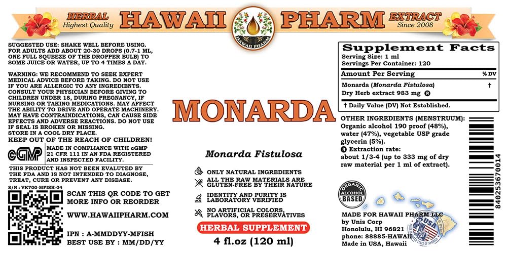 Organic Monarda Fistulosa Extract & Powder Tincture Supplement - 4x4 oz Bottles - Wild Bergamot Herbal Remedy for Immune Support, Stress Relief & Digestive Health - Perfect for Tea, DIY Skincare & Aromatherapy