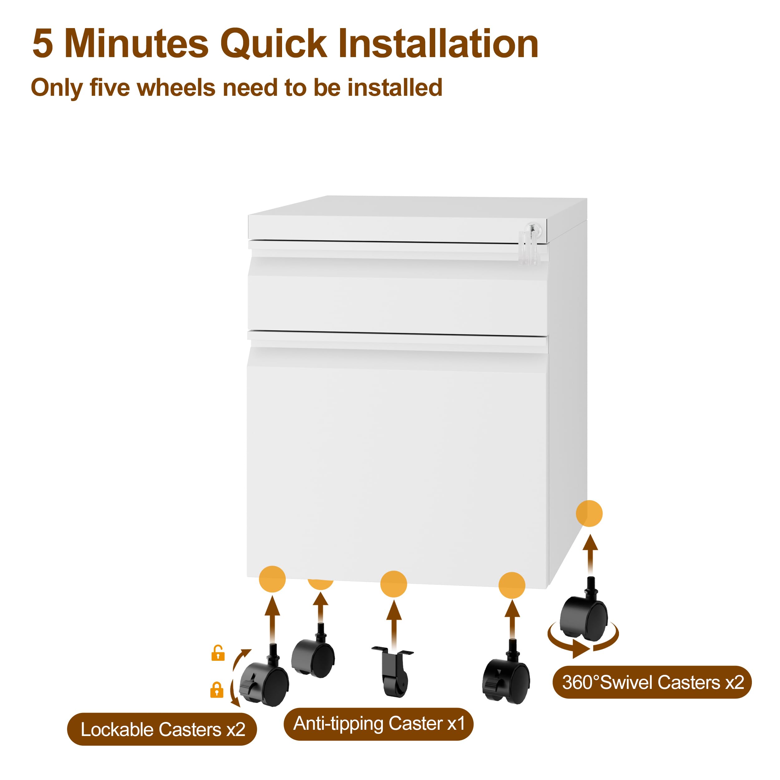 2-Drawer Metal File Cabinet with Lock - Mobile Storage for A4, Letter & Legal Folders - Fully Assembled Home Office Filing Cabinet (White) - Perfect for Organizing Documents, Bills & Office Supplies