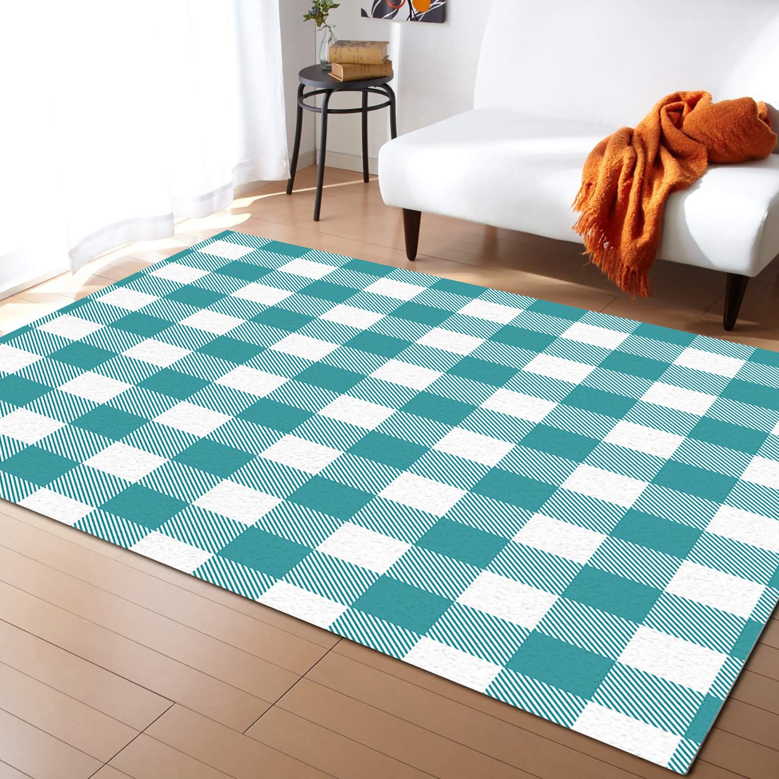 Modern Indoor Area Rug - Washable Buffalo Plaid Carpet for Bedroom, Living Room, Nursery - 5' x 8' Teal Turquoise Floor Runner - Perfect for Home Decor, Cozy Spaces & High Traffic Areas