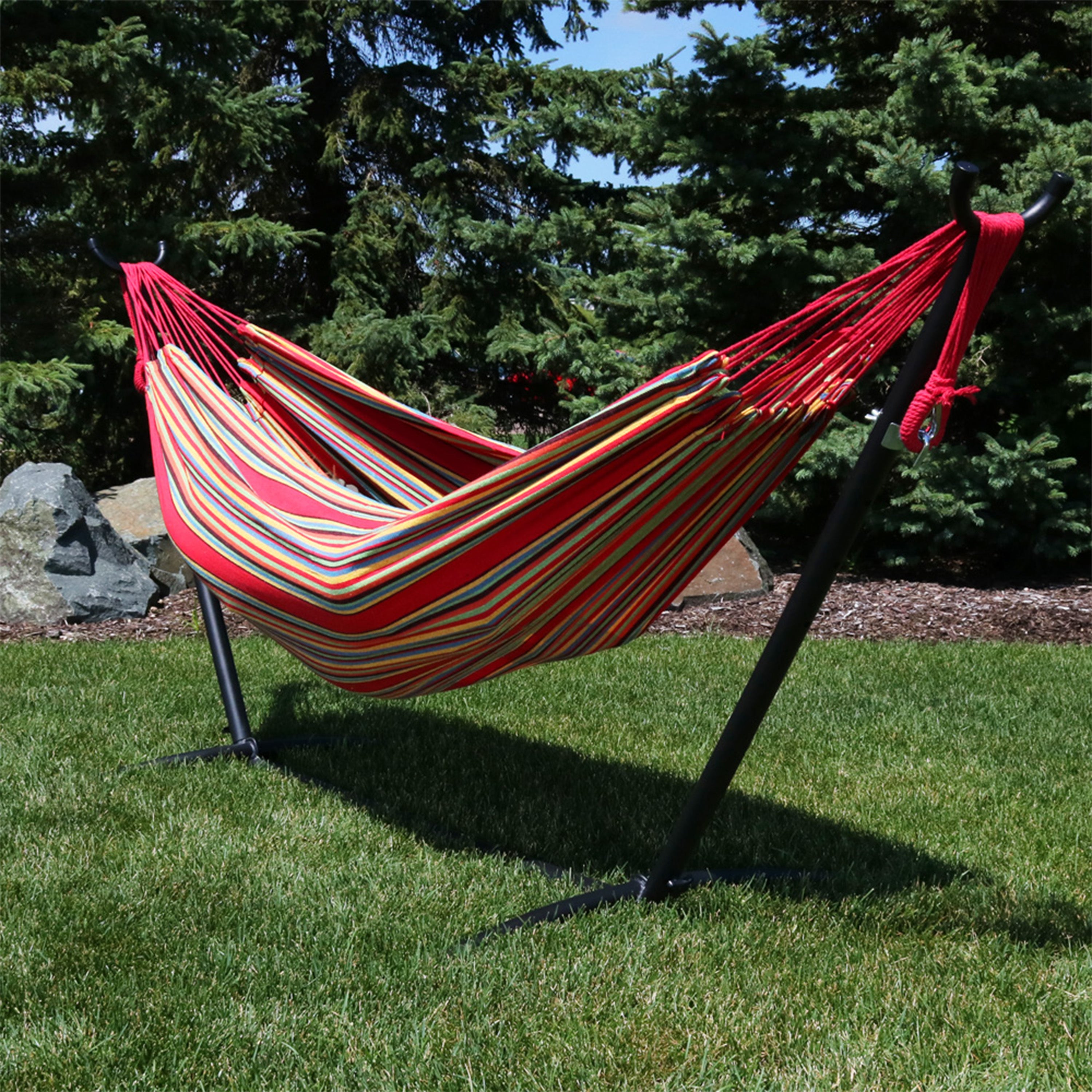 Premium Brazilian Double Hammock with Stand & Carry Bag - Heavy Duty Cotton Rope Hammock for Outdoor, Backyard, Patio & Beach Relaxation