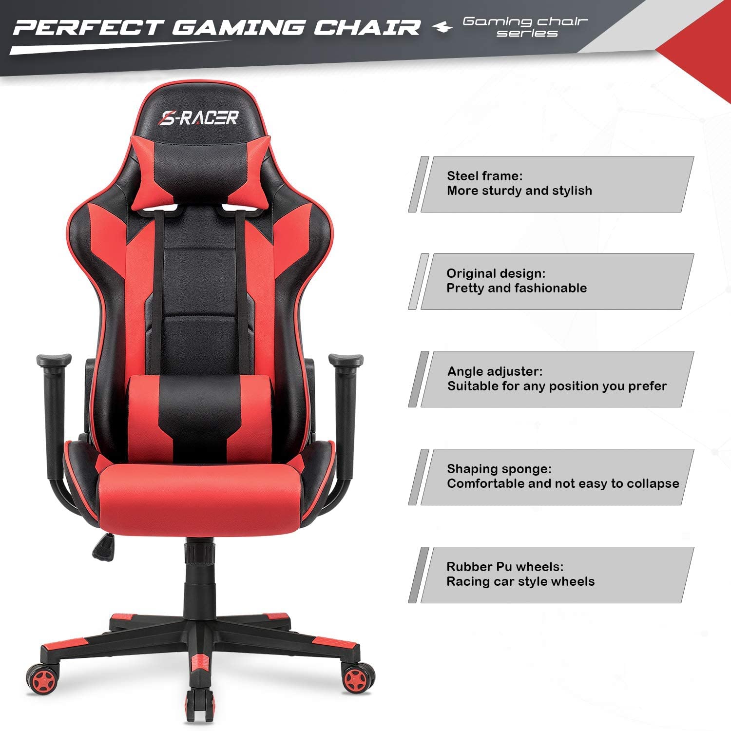 **Furniwell Ergonomic Gaming Chair - High Back Office Chair with Adjustable Headrest & Lumbar Support for PC, Computer Desk - Red - Perfect for Gaming, Work & Home Office**