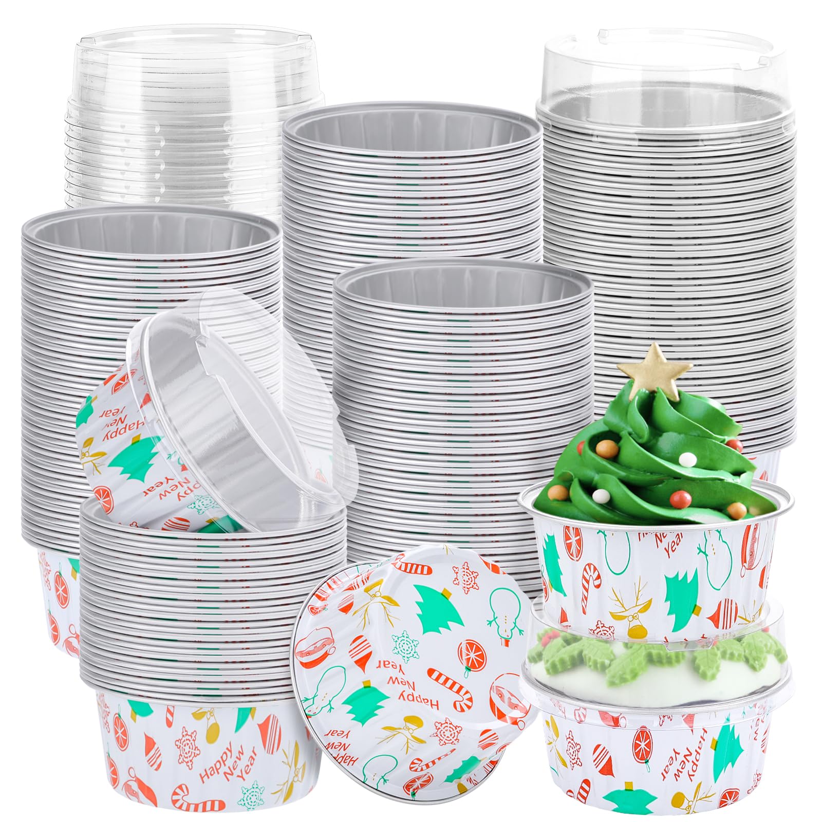 100-Pack Christmas Foil Cupcake Liners - 5oz Aluminum Baking Cups with Lids for Holiday, Birthday & Party Baking - Stackable, Portable Muffin Tins for Christmas Gifts, Home Baking & Dessert Displays