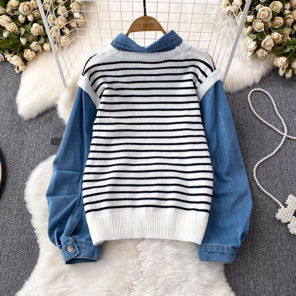 Women's Denim Splicing Polo Collar Striped Sweater Pullover - Casual Long Sleeve Shirt for Autumn | Perfect for Office Wear, Date Nights & Fall Layering