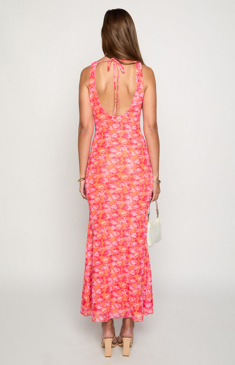 Beck Orange Floral Print Maxi Dress - Women's Boho Summer Beach Dress for Vacation, Party & Casual Wear