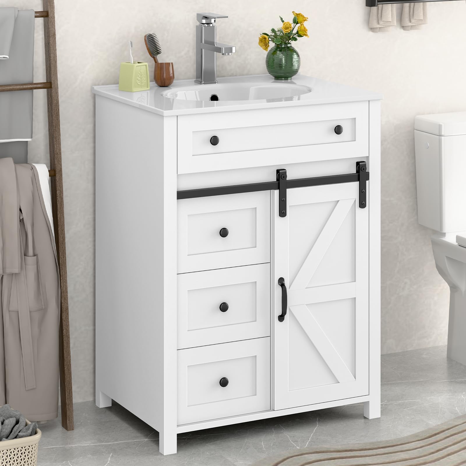 Vabches 48 Inch White Bathroom Vanity with Sink & Matte Silver Faucet - Freestanding Storage Cabinet with 4 Drawers & Sliding Door - Undermount Ceramic Sink for Modern Bathroom Remodel (Perfect for Master Bath, Guest Bath & Small Space Solutions)