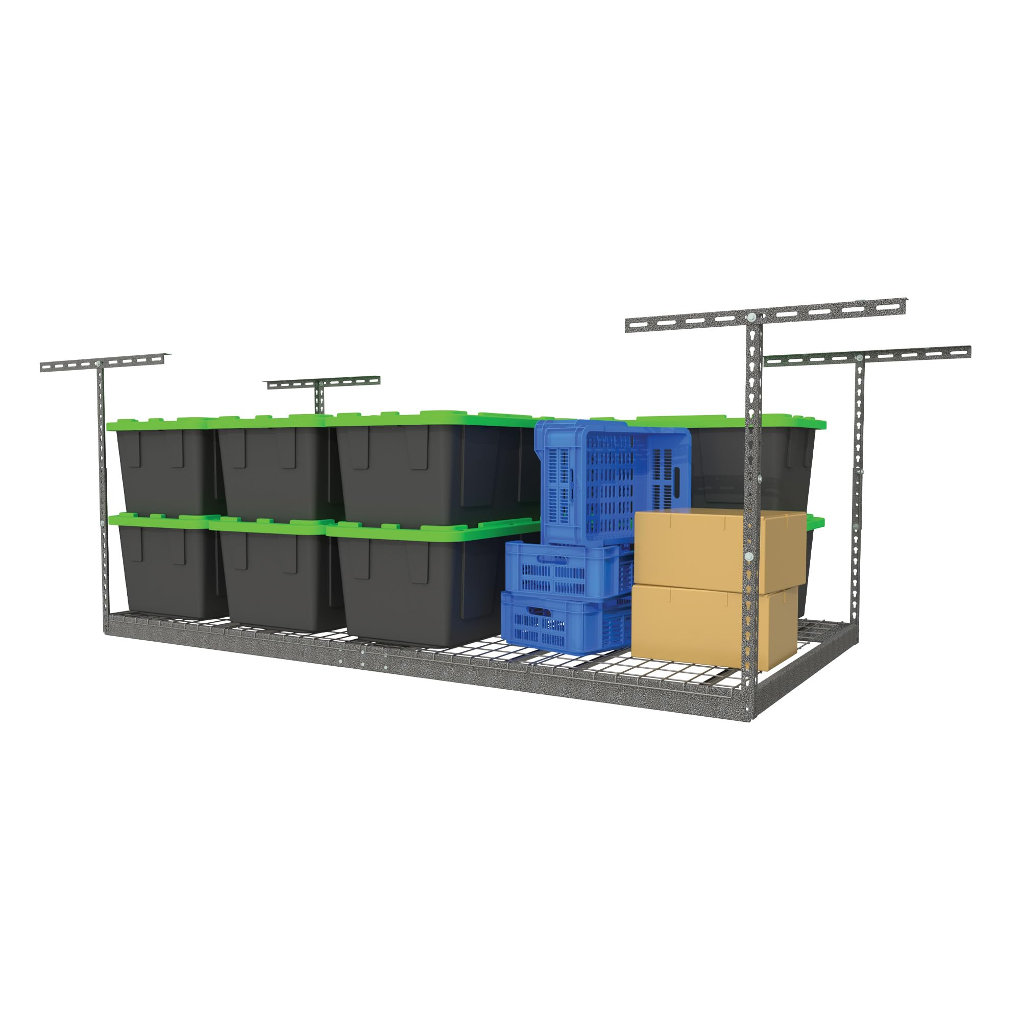 MonsterRAX 4x8 Overhead Garage Storage System - Heavy Duty 4’ x 8’ Ceiling Rack with Storage Bins & Accessories (Hammertone, 24