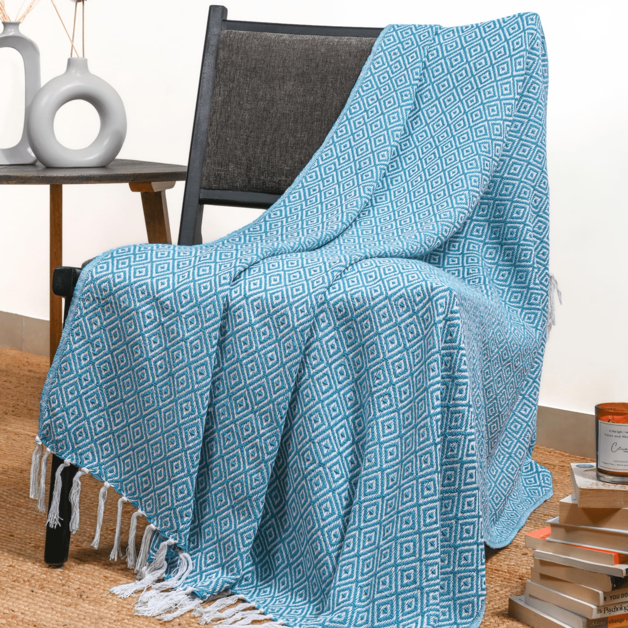 RAJRANG 50x60 Inches Soft 100% Cotton Boho Throw Blanket with Tassels - Farmhouse Decorative Blanket for Bed, Sofa & Couch in Caribbean Sea Blue - Perfect for Cozy Evenings, Home Decor & Gift Giving