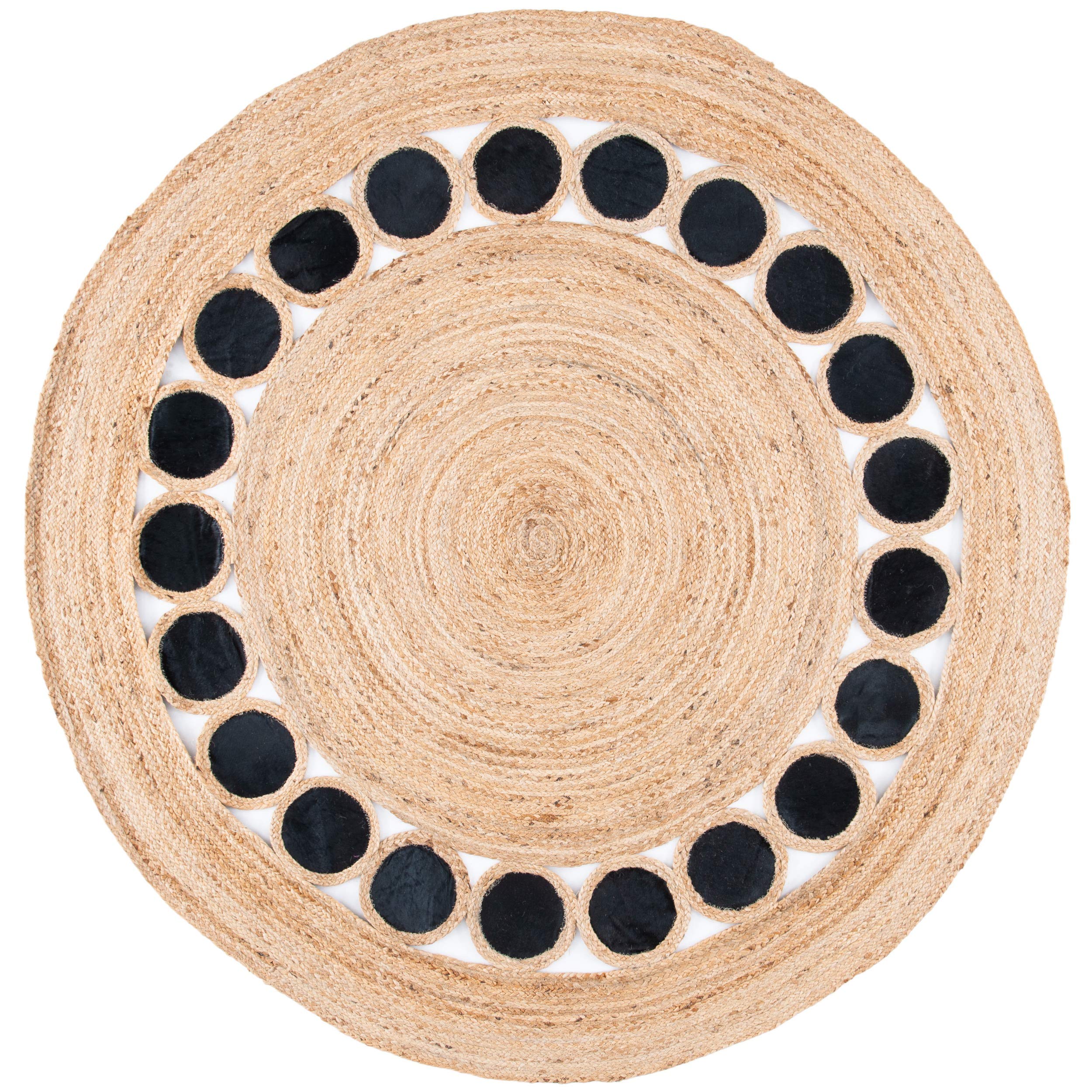 SAFAVIEH Natural Fiber Round Collection 6' Round Beige & Black NF370Z Handmade Boho Woven Jute & Leather Area Rug - Perfect for Living Room, Bedroom, or Boho Chic Home Decor