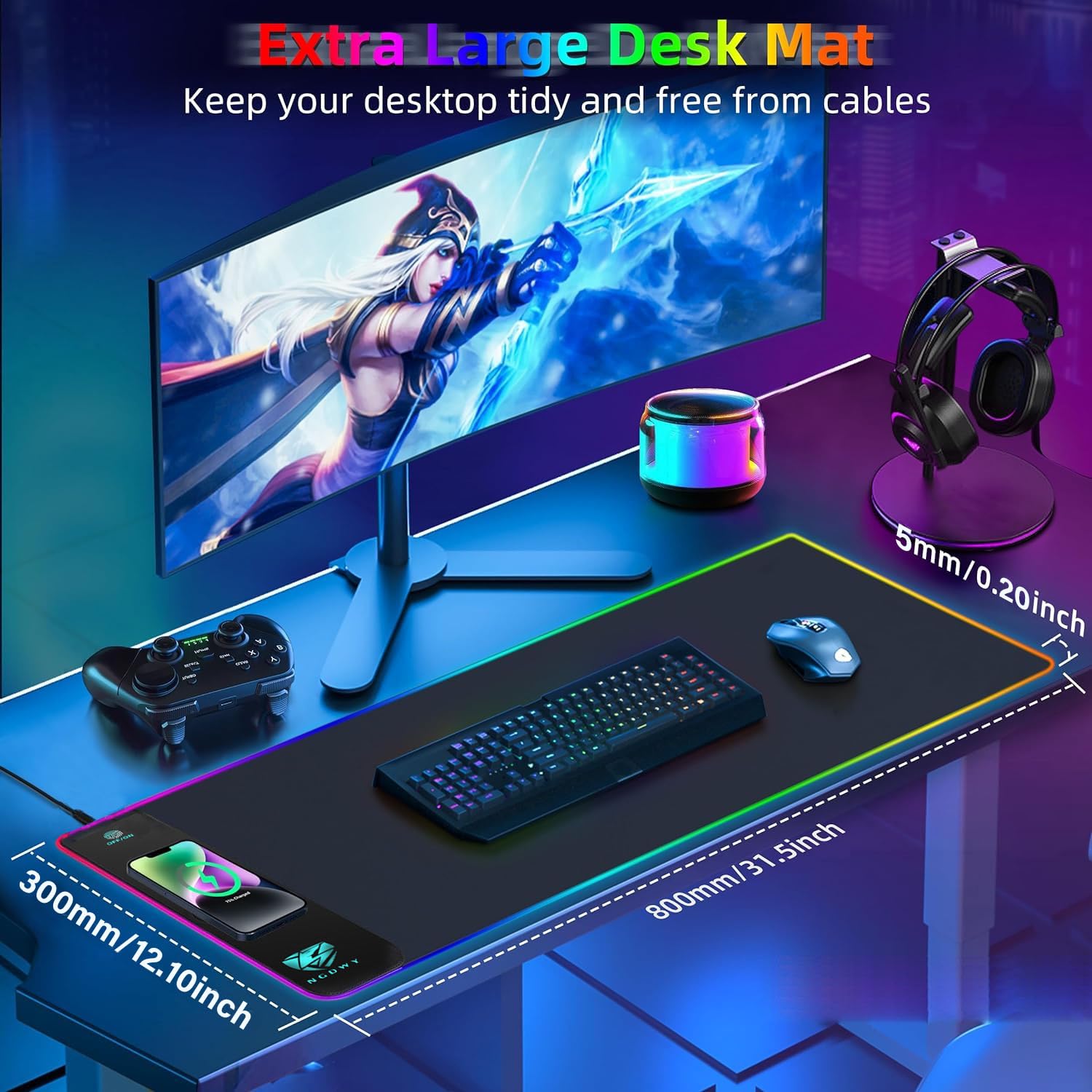 15W Wireless Charging RGB Gaming Mouse Pad - 800x300x4mm Fast Charging, Ultra-Smooth Surface, Non-Slip Base, 13 RGB Light Modes - Large Extended Gaming Mouse Mat for PC, Laptop, Office & Esports
