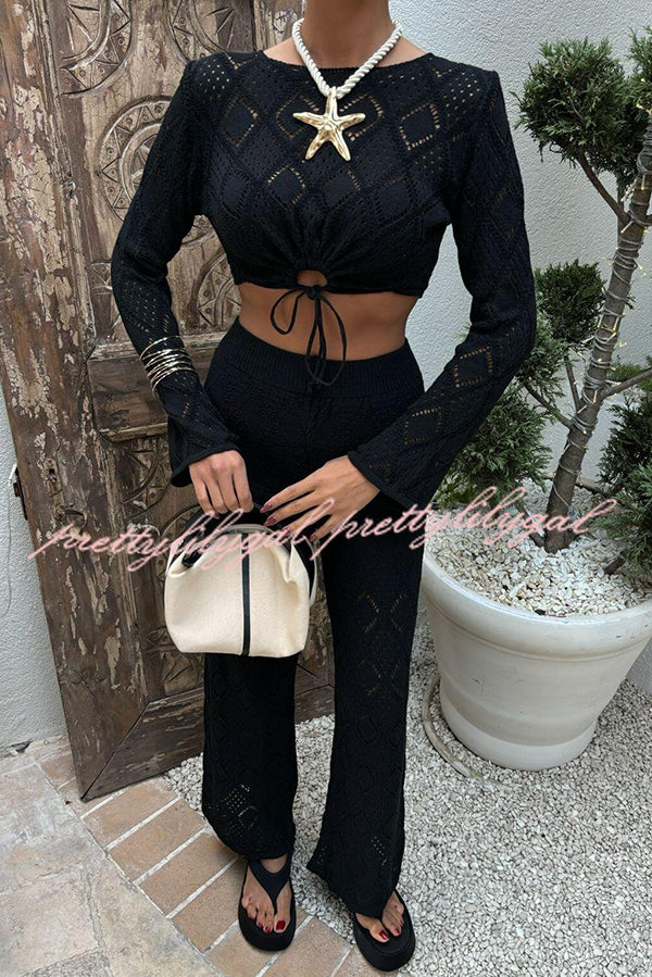 Women's Solid Color Hollow Knit Top & Stretchy Wide Leg Pants Casual Outfit Set - Perfect for Work, Travel and Everyday Wear