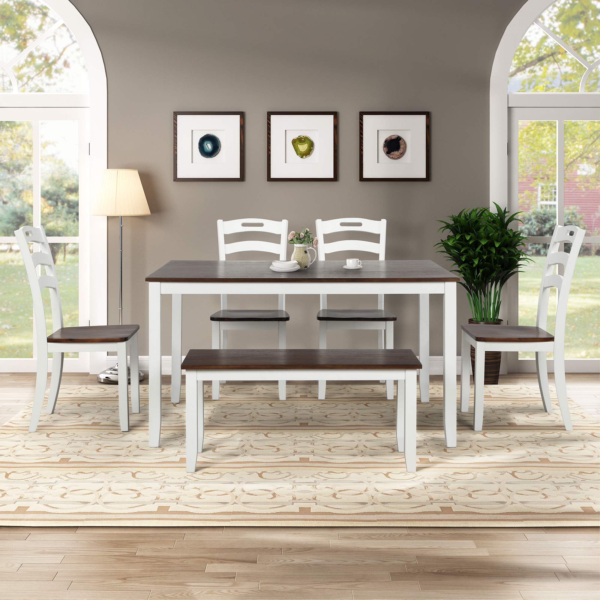 RUNNA 6-Piece Wood Kitchen Table Set with Waterproof Coating - Ivory & Cherry Finish Dining Table and Bench Set for Small Spaces, Breakfast Nooks & Cozy Kitchens