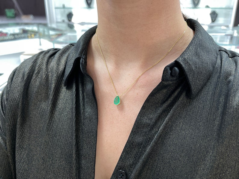 2.71 Carats 14K Gold Pear Cut Colombian Emerald Solitaire Pendant Necklace with 3-Prong Slider - Elegant Jewelry for Weddings, Anniversaries & Special Occasions