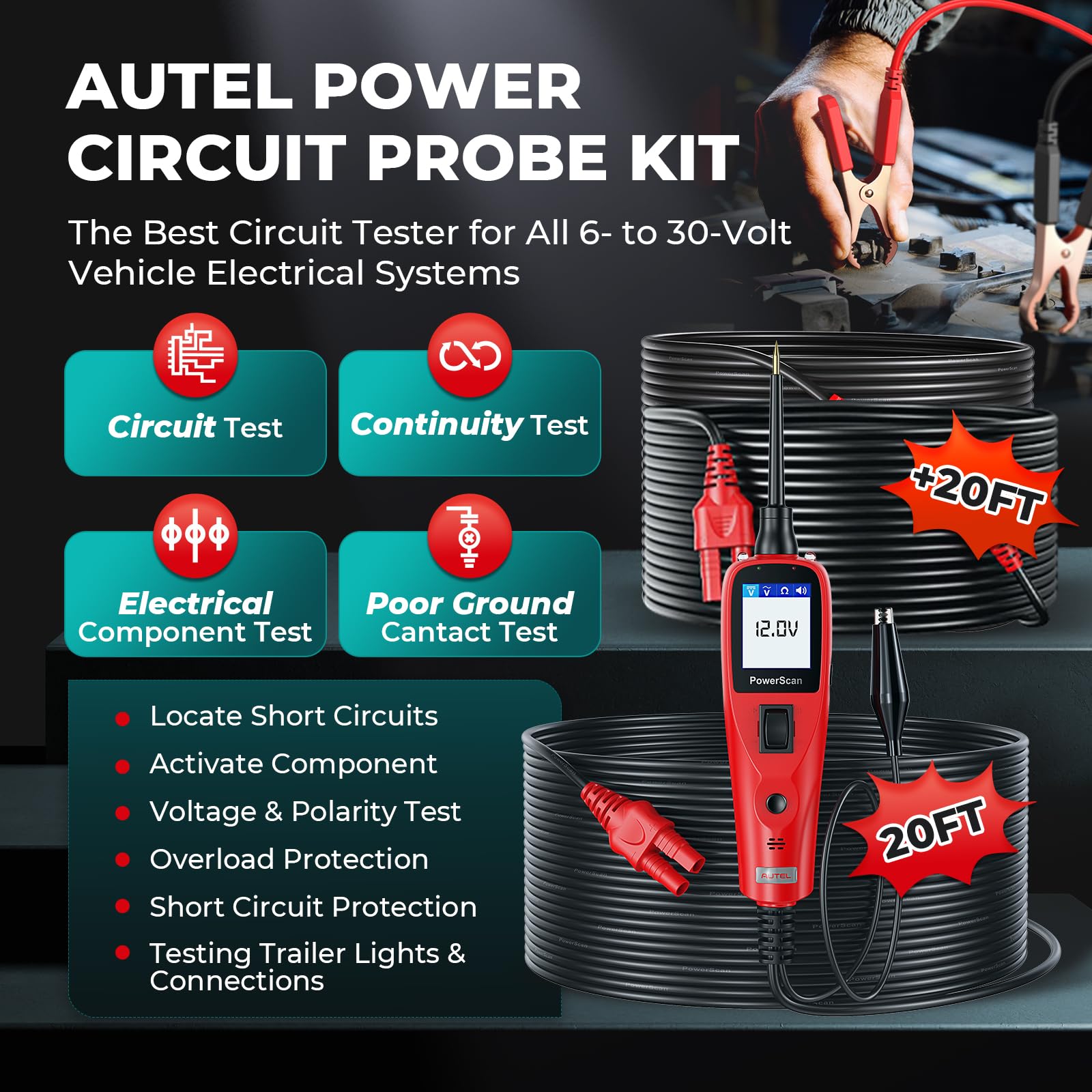 Autel PowerScan PS100 Automotive Circuit Tester 2025 - 12-24V Digital Multimeter with Relay & Diode Testing, 20FT Extra Cord for Electrical Short/Open Circuit Detection - Perfect for Car Repair, DIY Auto Diagnostics & Professional Mechanic Use