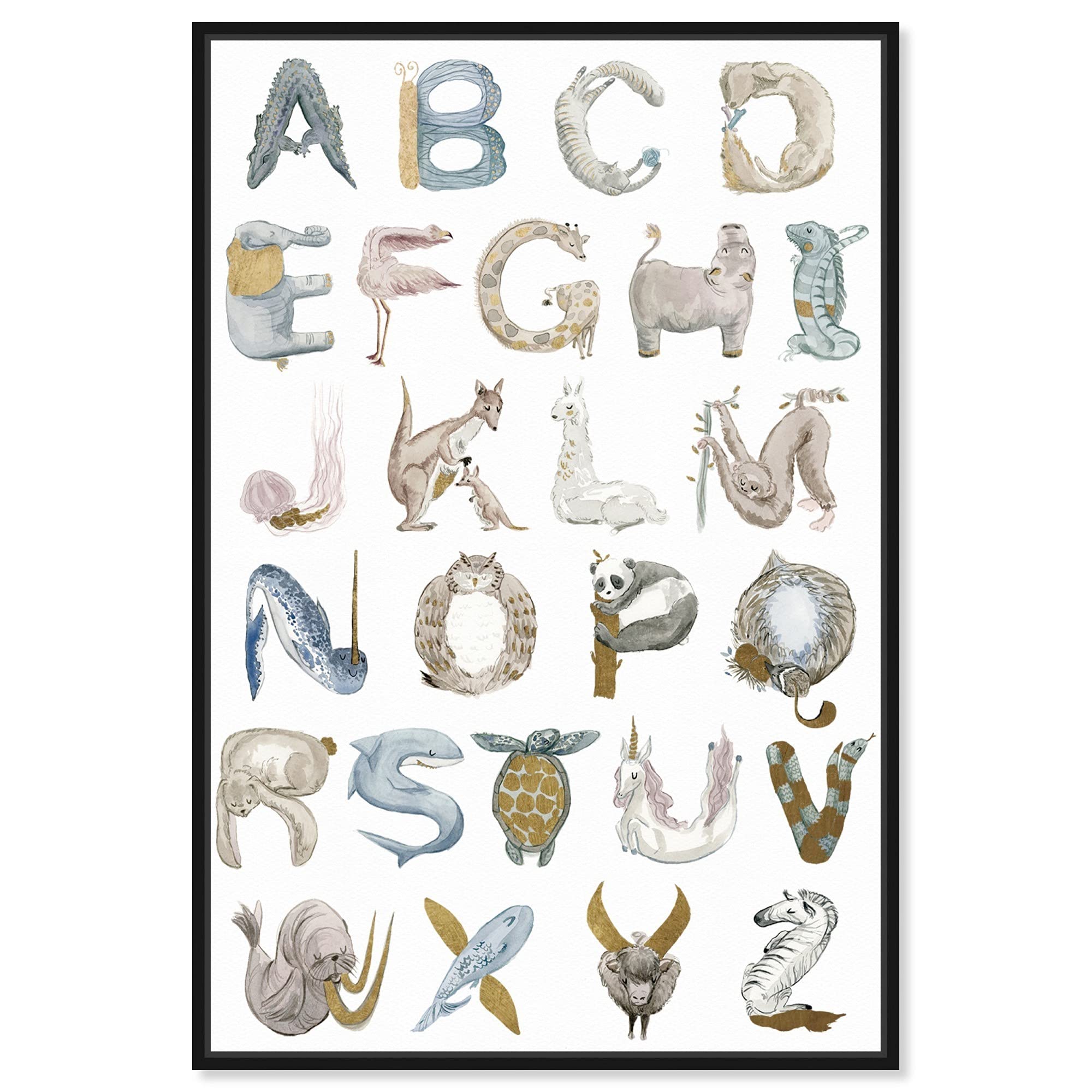 Oliver Gal Artist Co. Wild Life Alphabet Gold Framed Canvas Prints - Animal Wall Art for Nursery, Kids Room & Home Decor | Premium Baby Animals Artwork