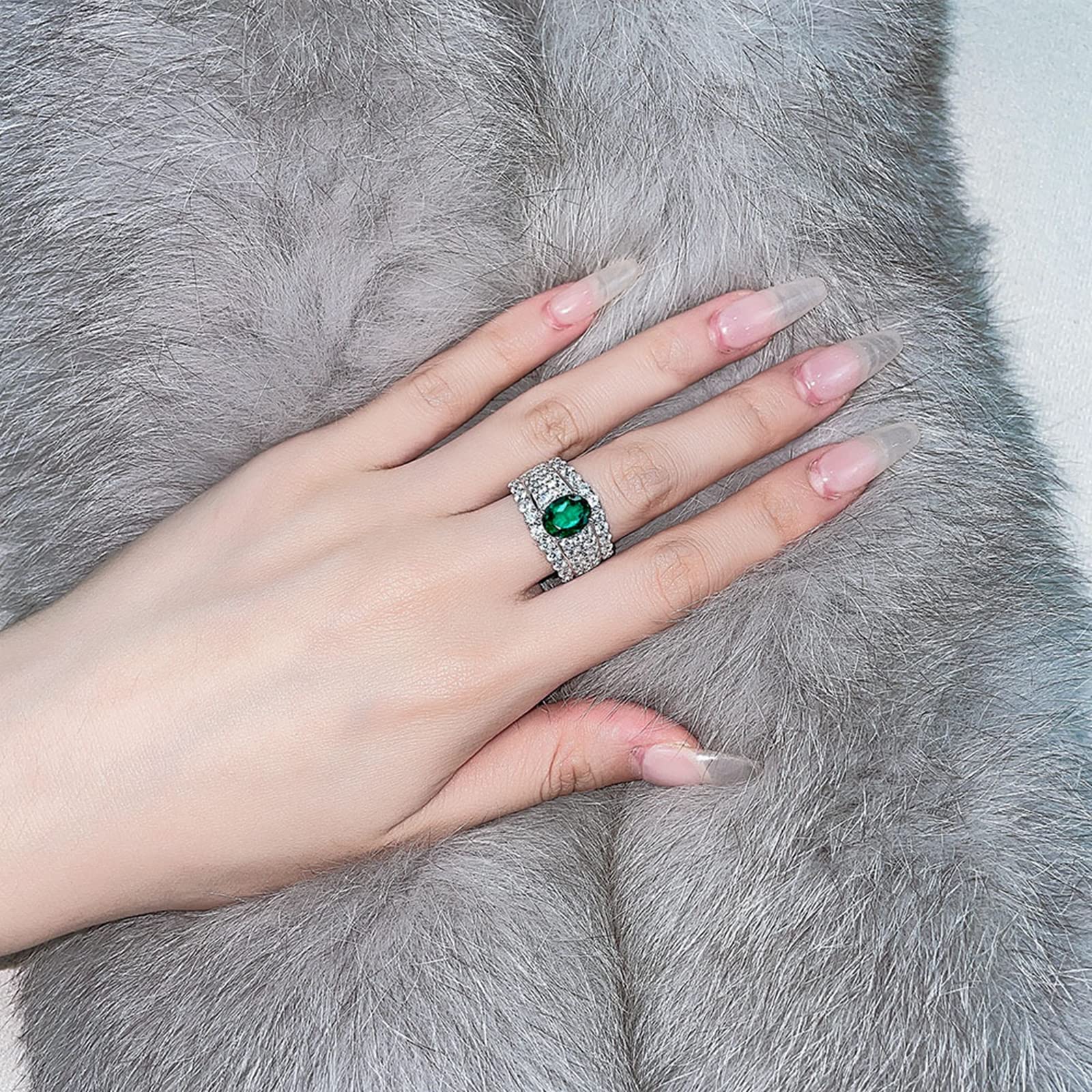 Gualiy 925 Sterling Silver Promise Ring for Women - 9x7mm Created Emerald & Cubic Zirconia Wedding Band, Comfort Fit, Size 5-9 | Perfect for Engagement, Anniversary, Valentine's Day Gift