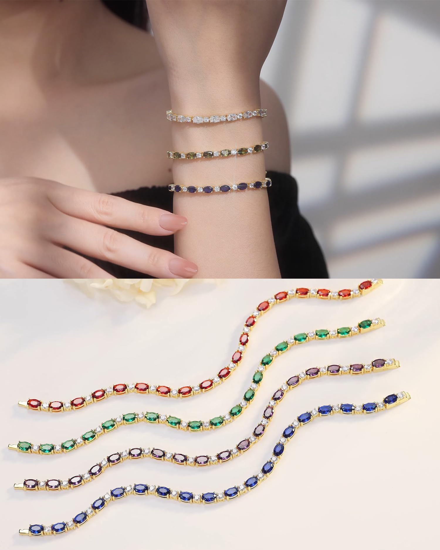 FANCIME 14K Gold Plated Birthstone Bracelet - 4mm Sterling Silver Tennis Bracelet for Women - Personalized Birthday Jewelry Gift - 7 Inch Adjustable - Perfect for Anniversaries, Mother's Day & Special Occasions