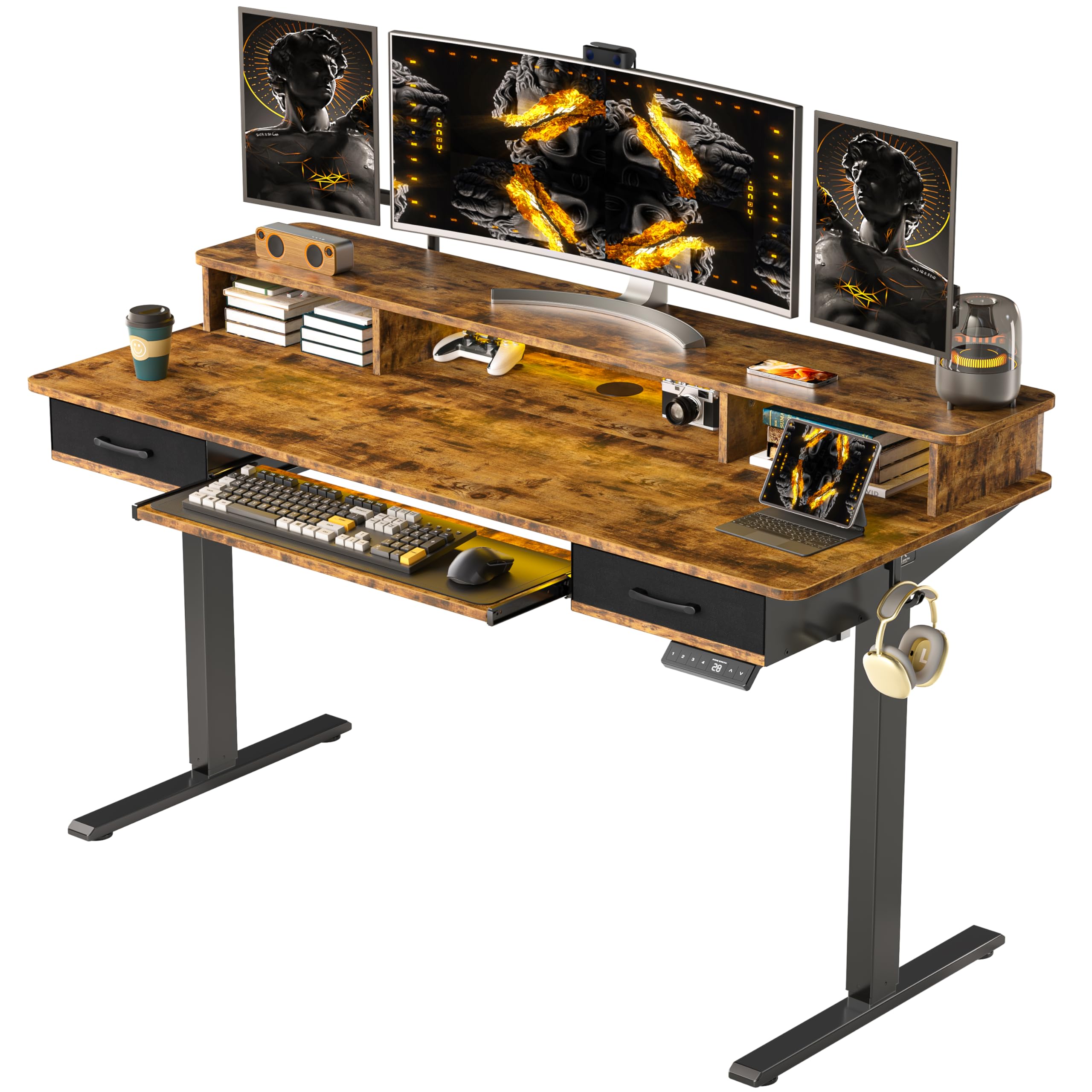 55x24 Inches Electric Height Adjustable Standing Desk with Keyboard Tray & 2 Drawers - Ergonomic Sit to Stand Computer Table with Storage Monitor Stand in Rustic Brown - Perfect for Home Office, Gaming Setup & Workspace Organization