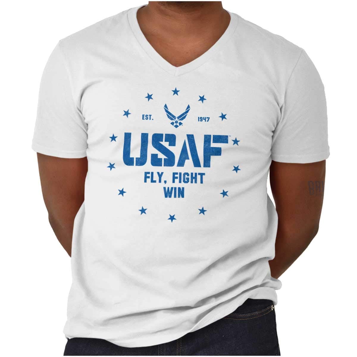 Brisco Brands US Air Force Fly Fight Win Logo V-Neck T-Shirt for Men & Women - Military Inspired Casual Wear for Everyday & Patriotic Events