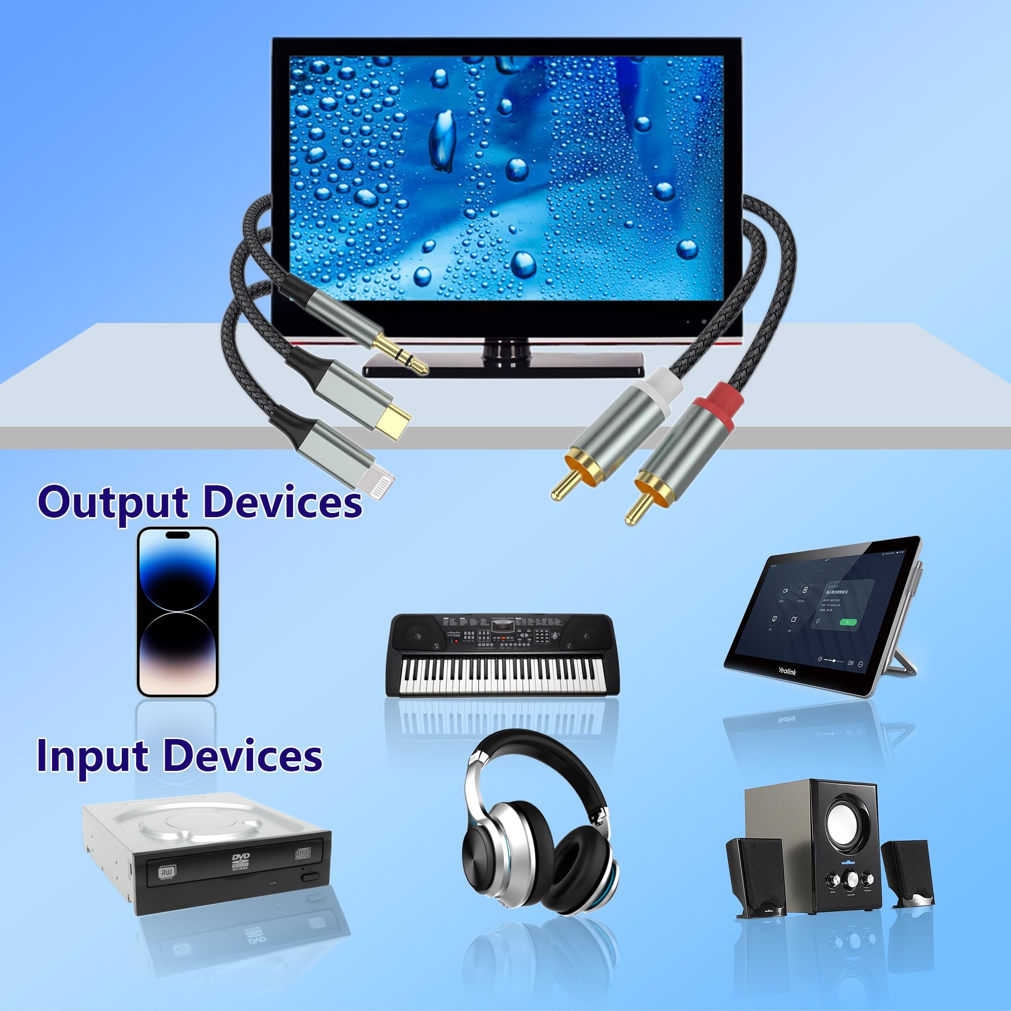 YIMATEECO 3-in-1 RCA Audio Cable - 3.5mm/USB-C/Lightning to 2RCA Stereo Aux Cord - Hi-Fi Sound for TV, Smartphone, MP3, Speakers & Amplifiers - Compatible with iPhone, Android & More - Perfect for Home Theater, Car Audio & Music Streaming